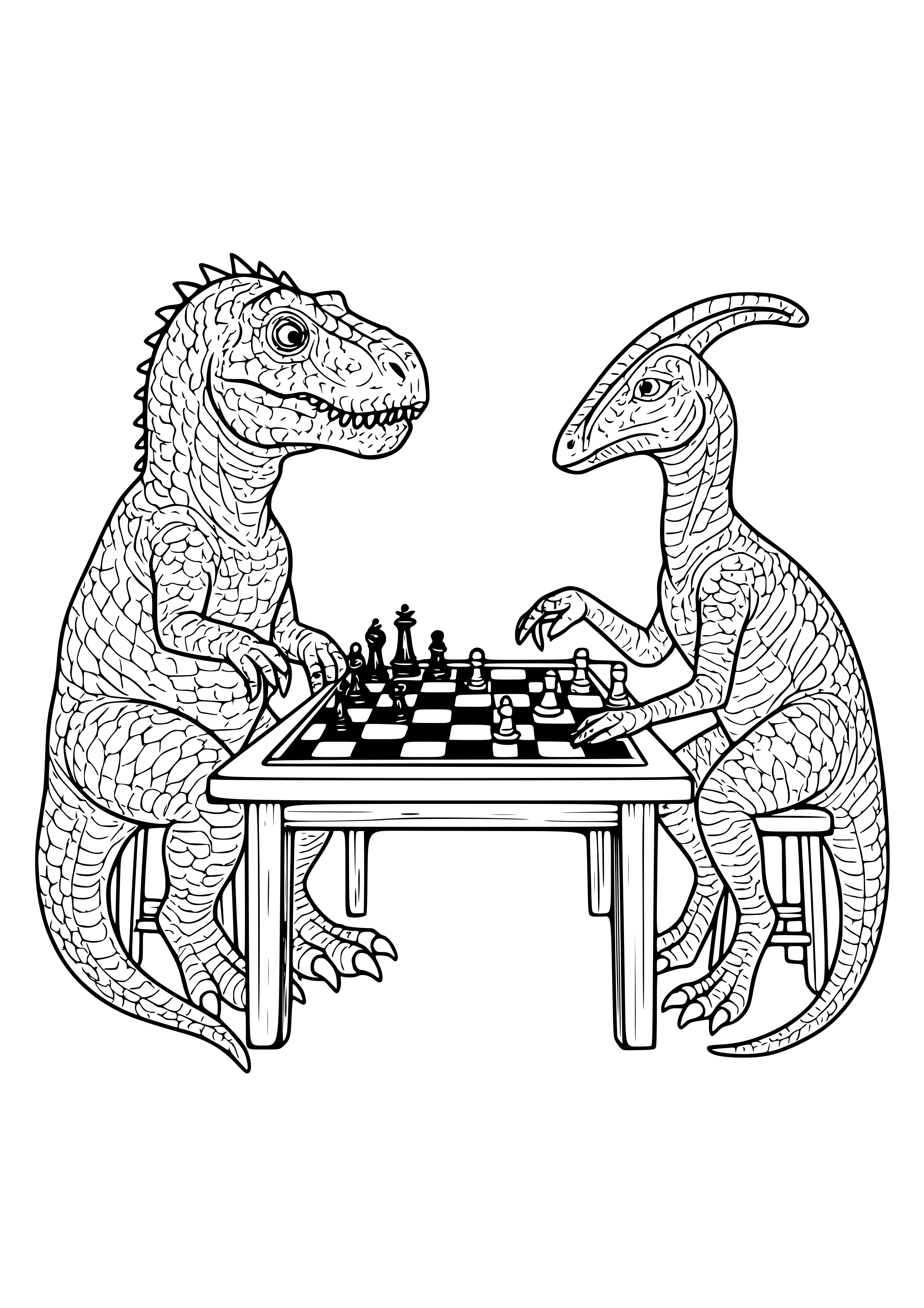 Dinosaur Playing Chess with a Friend Coloring Page