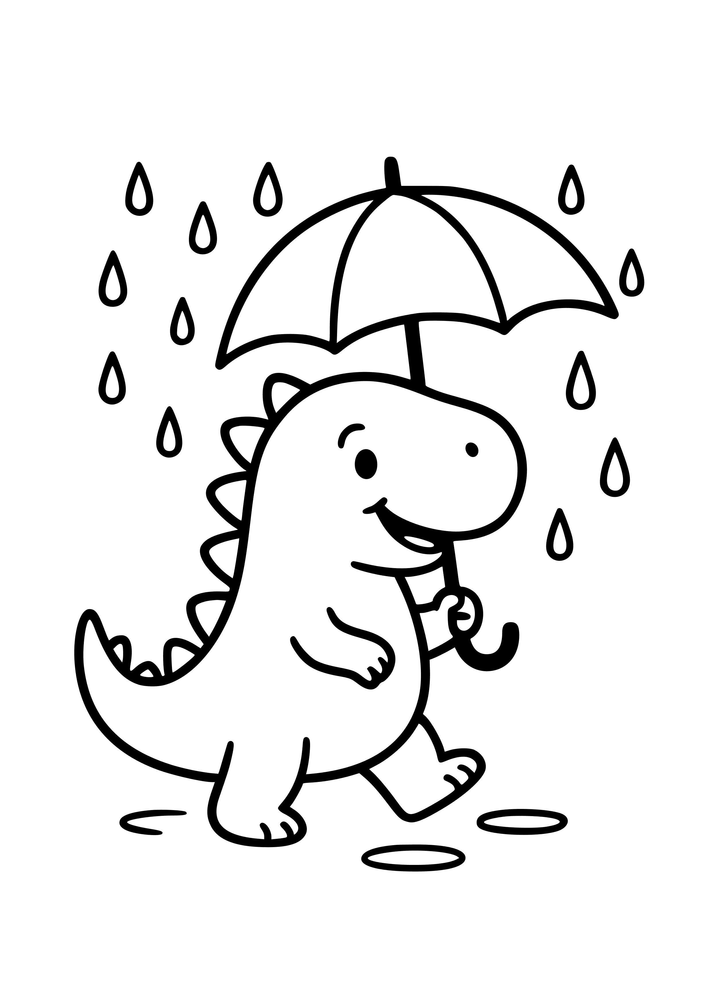 Dinosaur Playing in the Rain with an Umbrella Coloring Page