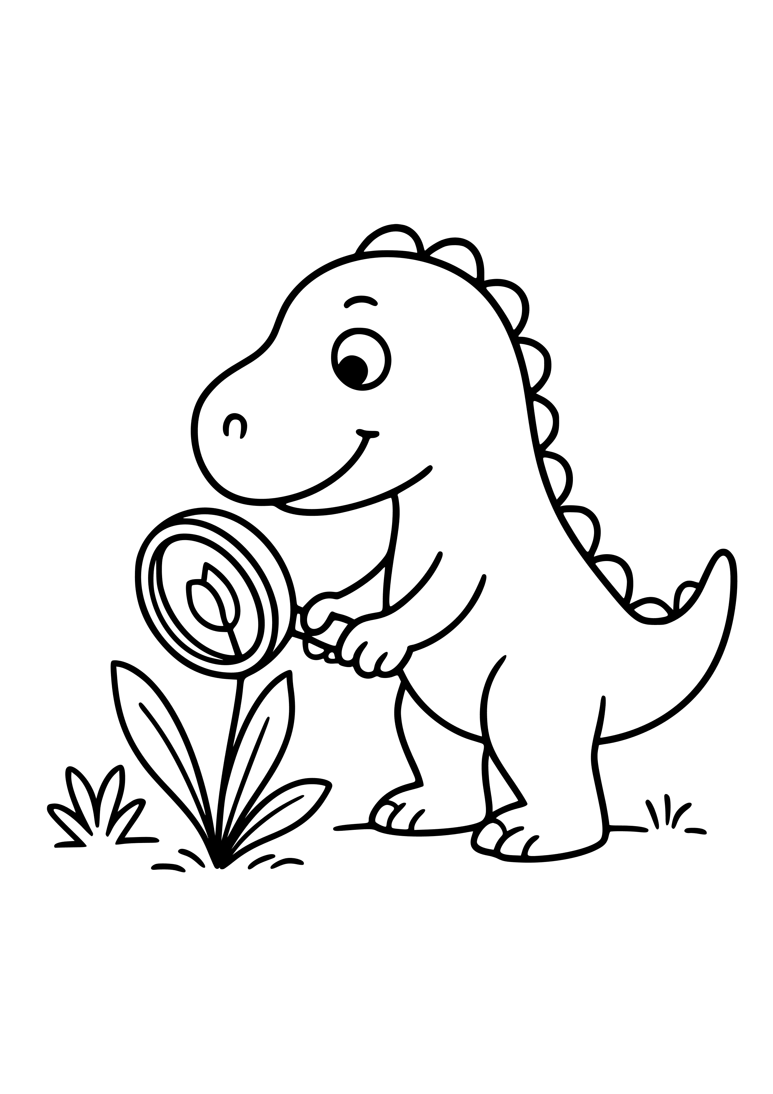 Dinosaur with a Magnifying Glass Studying Plants Coloring Page