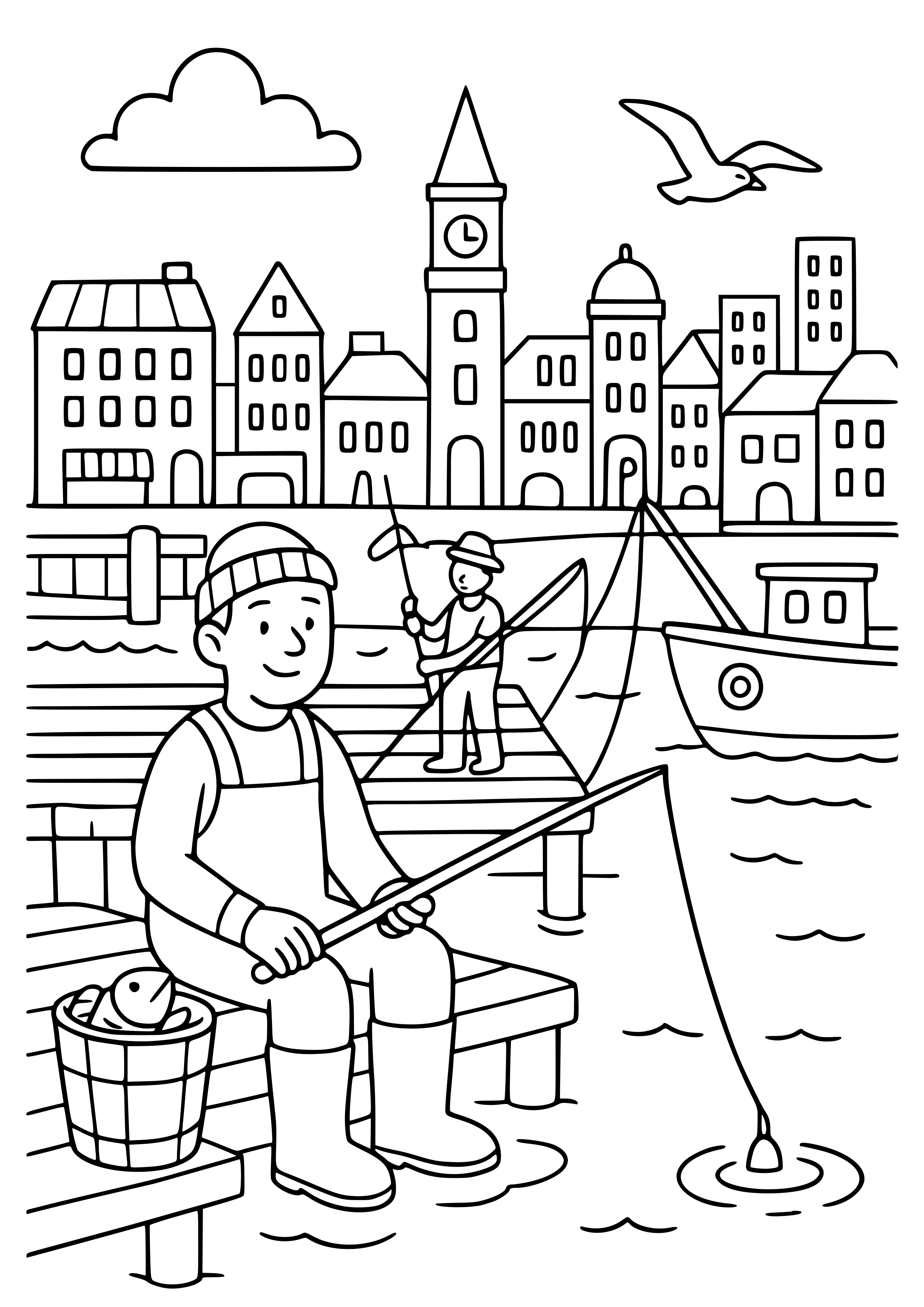 Dockside City with Fishermen Coloring Page