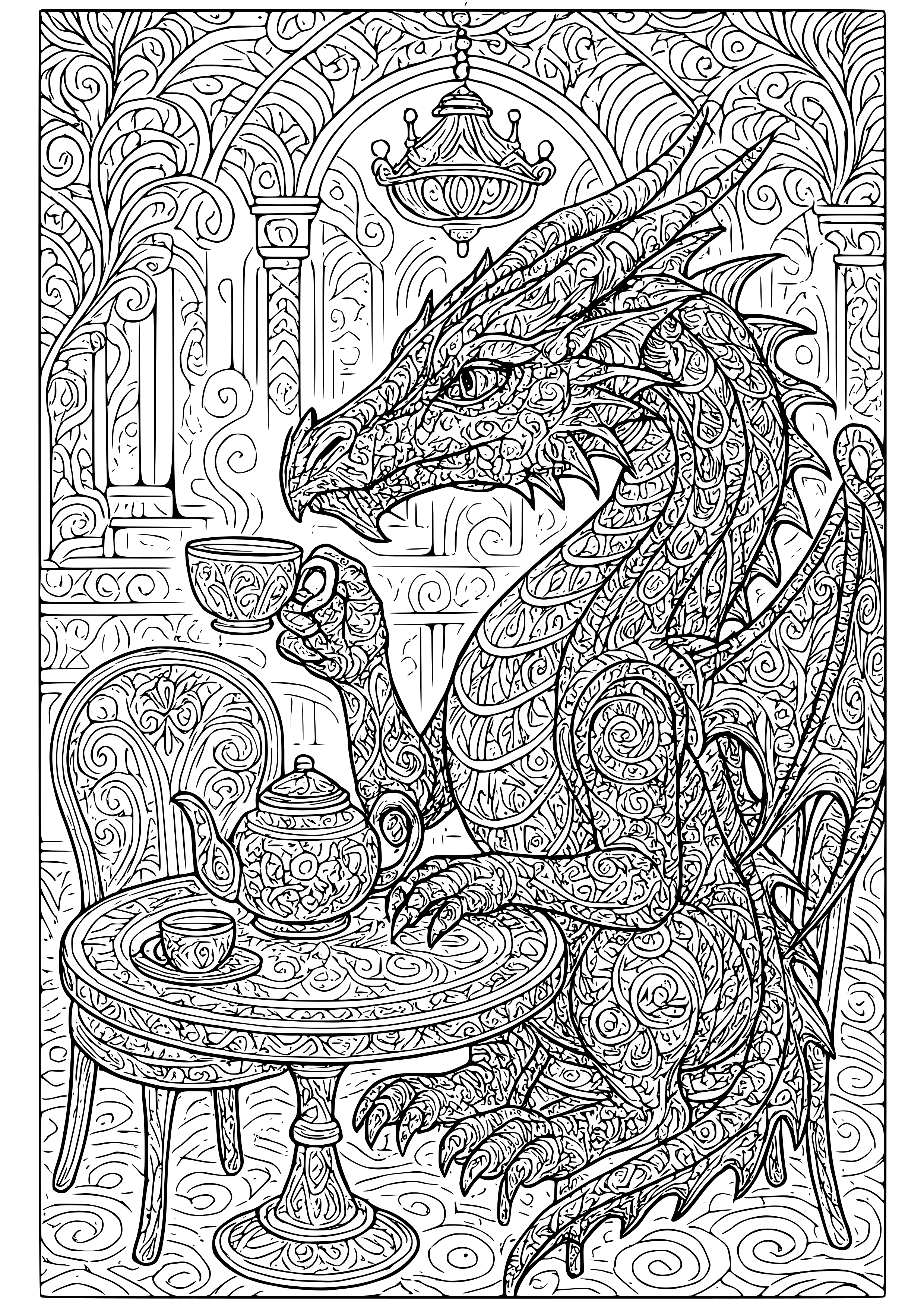 Dragon Drinking Tea at a Fancy Café Coloring Page