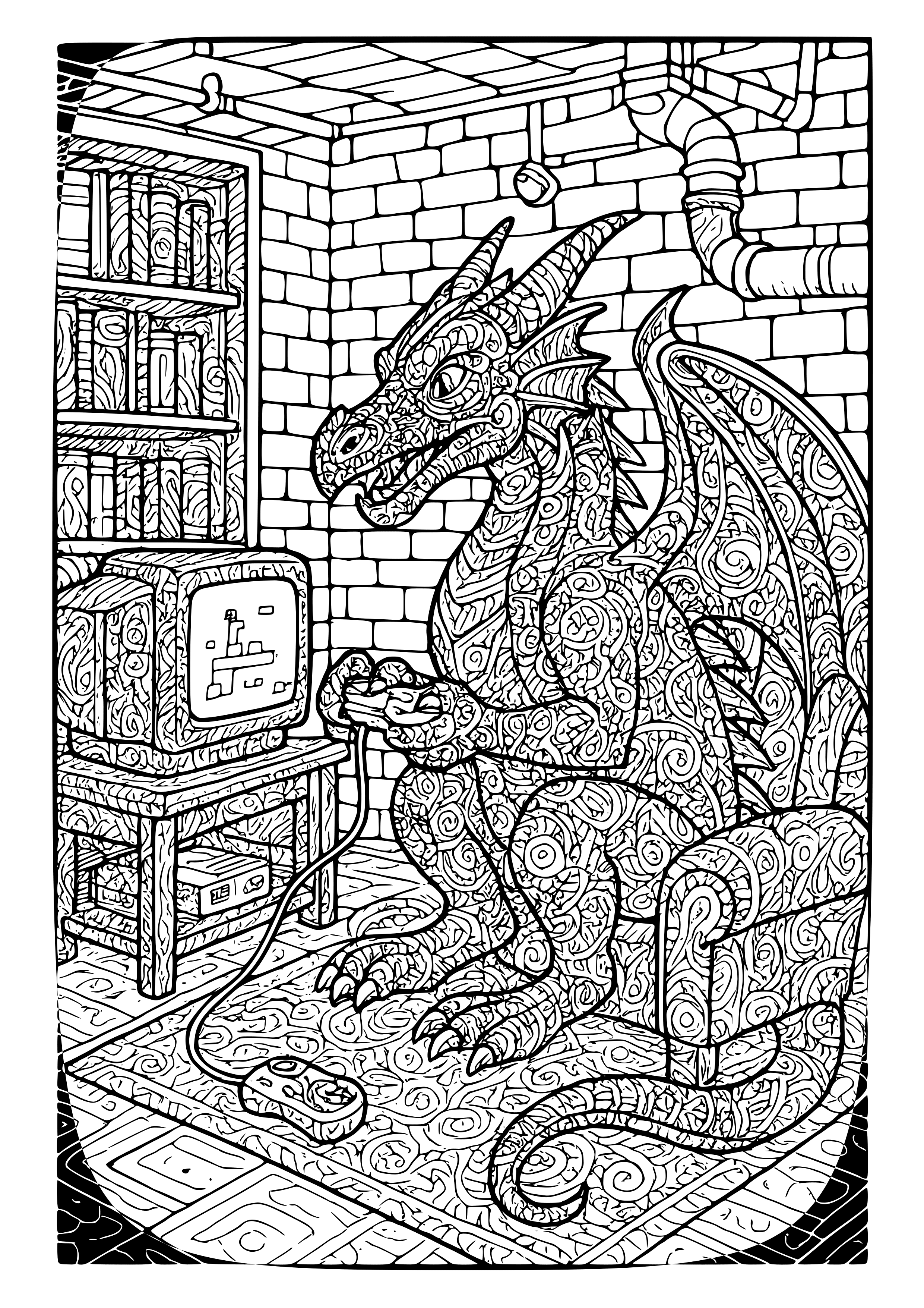 Dragon Playing Video Games in a Basement Coloring Page