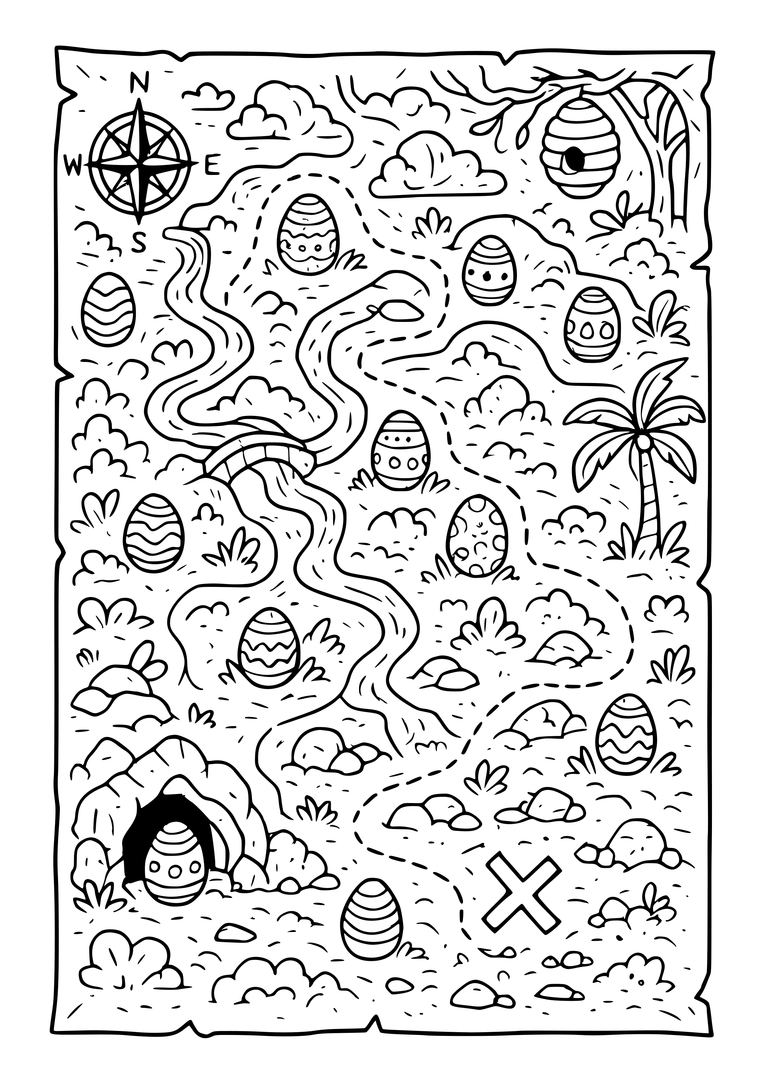 Easter Egg Hunt on a Treasure Map Coloring Page