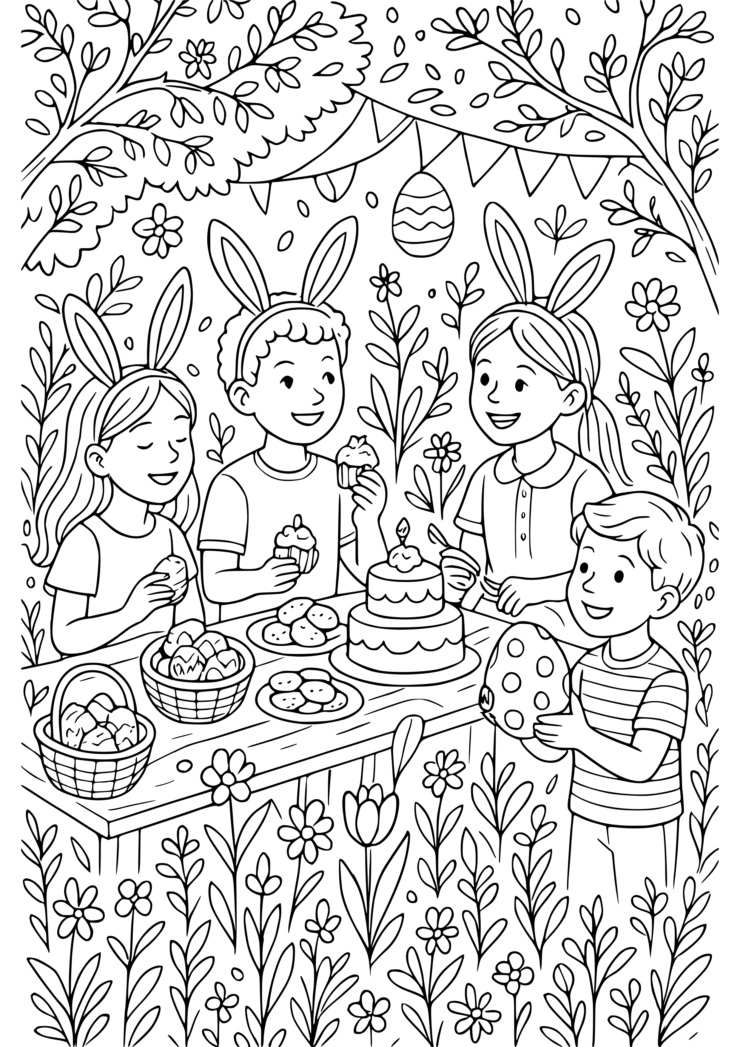 Easter Garden Party with Friends Coloring Page