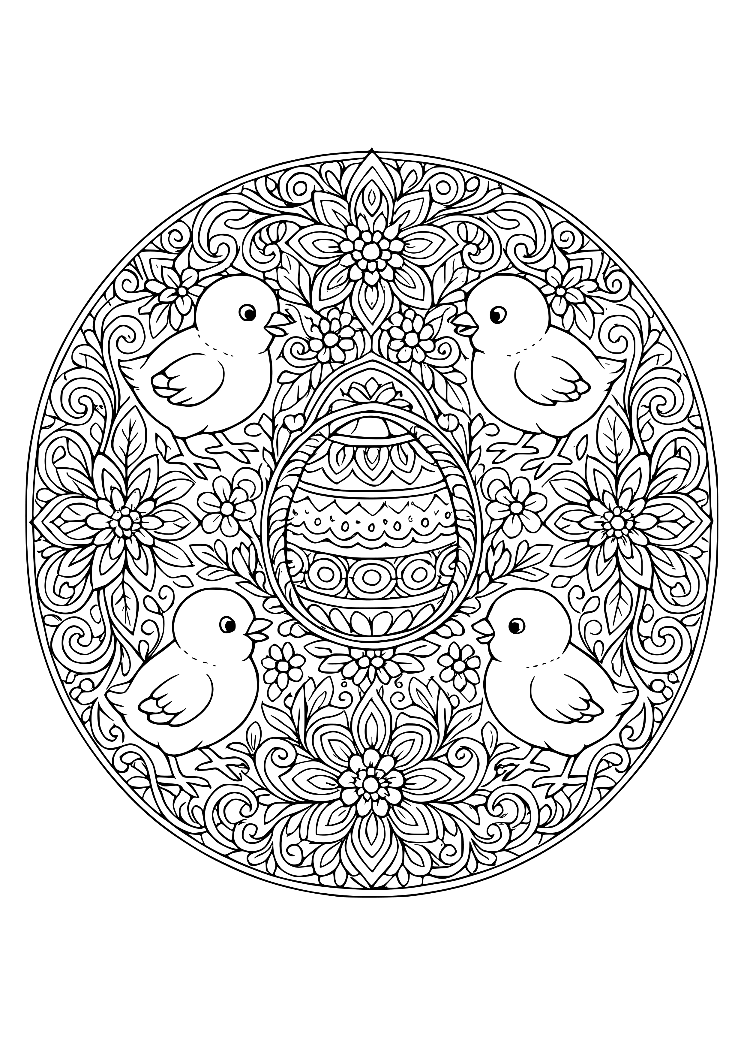 Easter-themed Mandala with Chicks Coloring Page