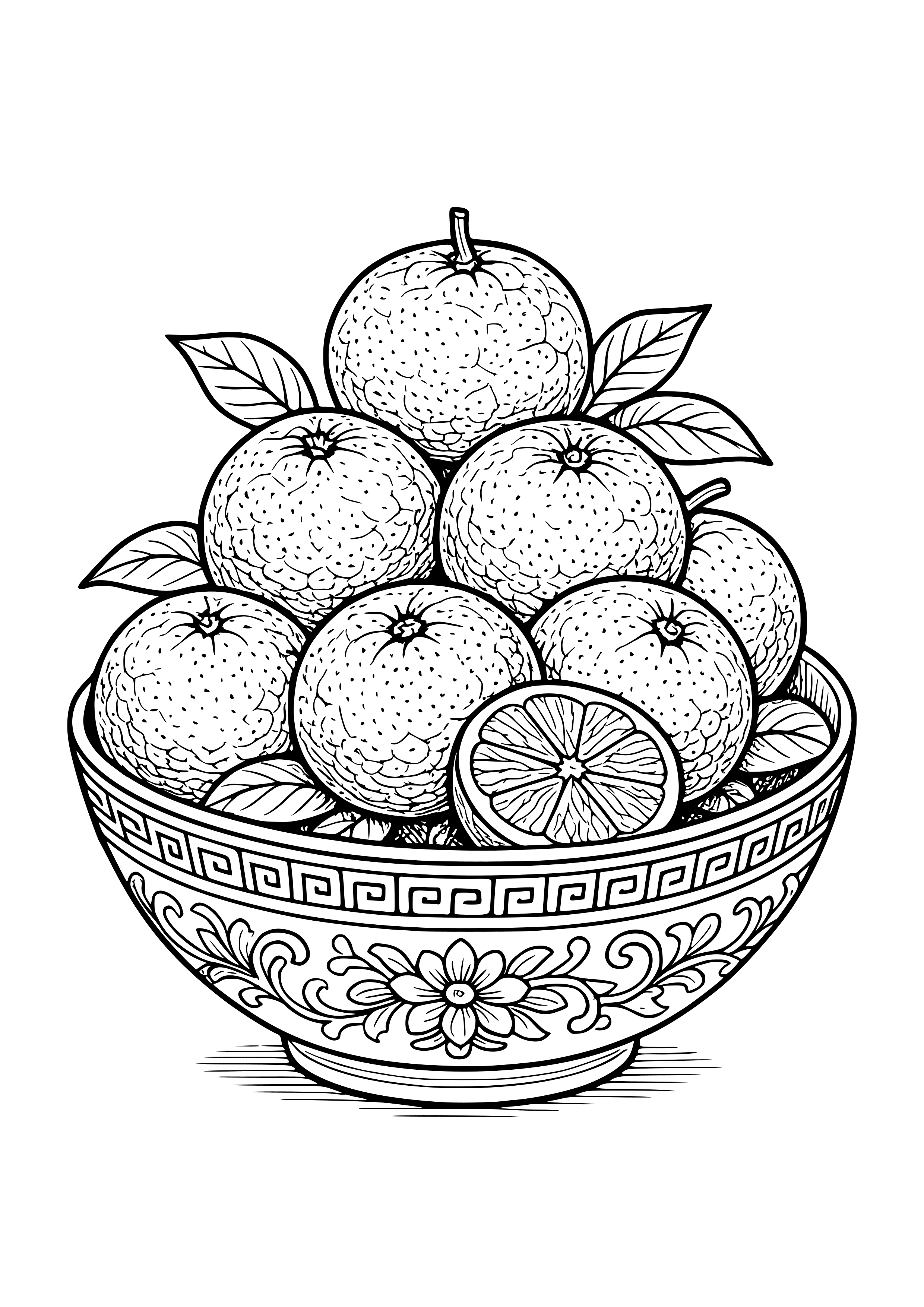 Elaborate Mandarin Oranges Stacked in a Bowl Coloring Page