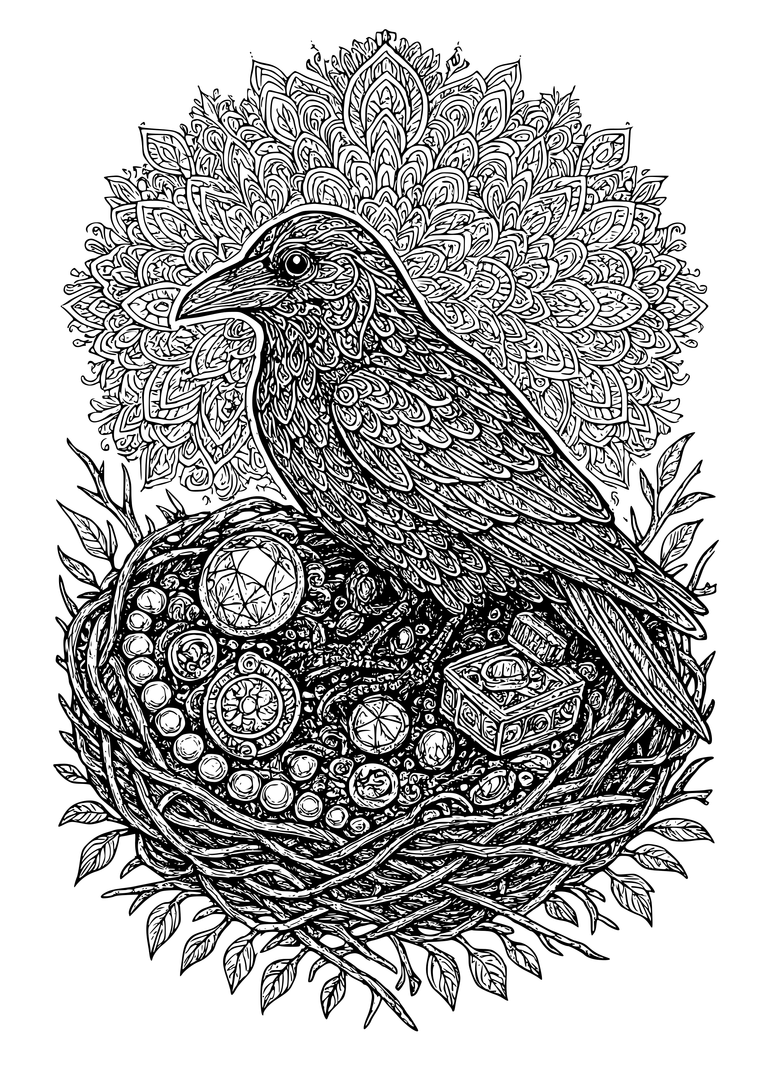 Elaborate Raven's Nest Filled with Shiny Objects Coloring Page