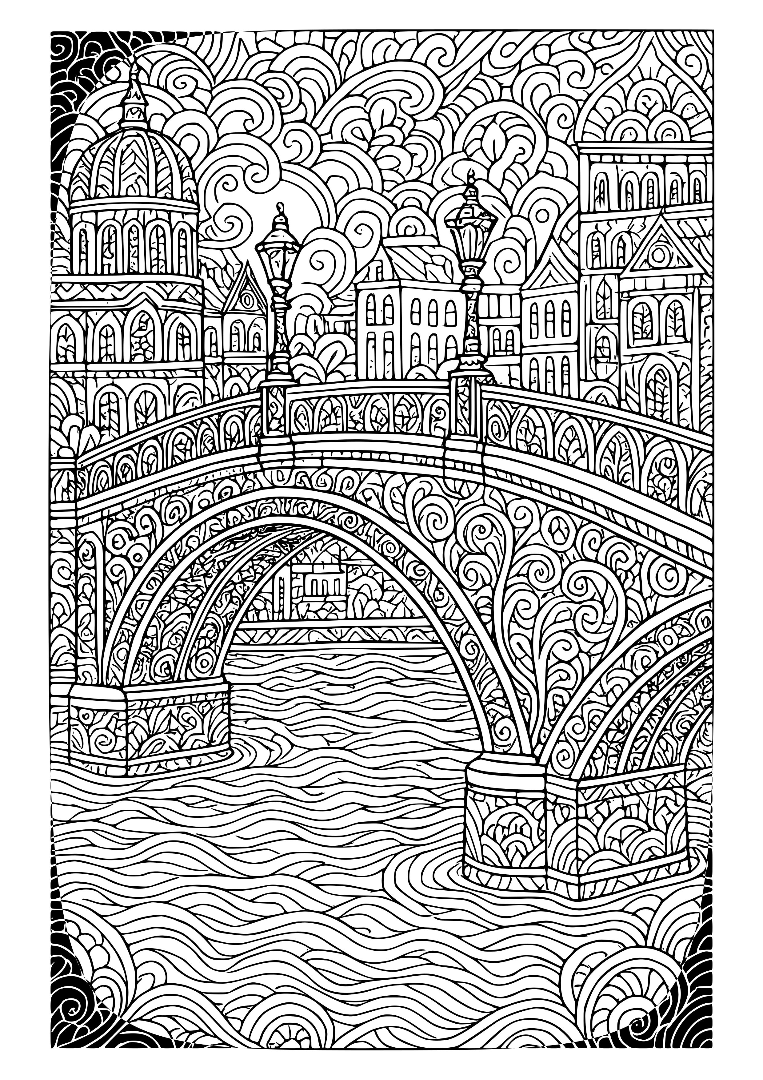 Elegant City Bridge Over a River Coloring Page