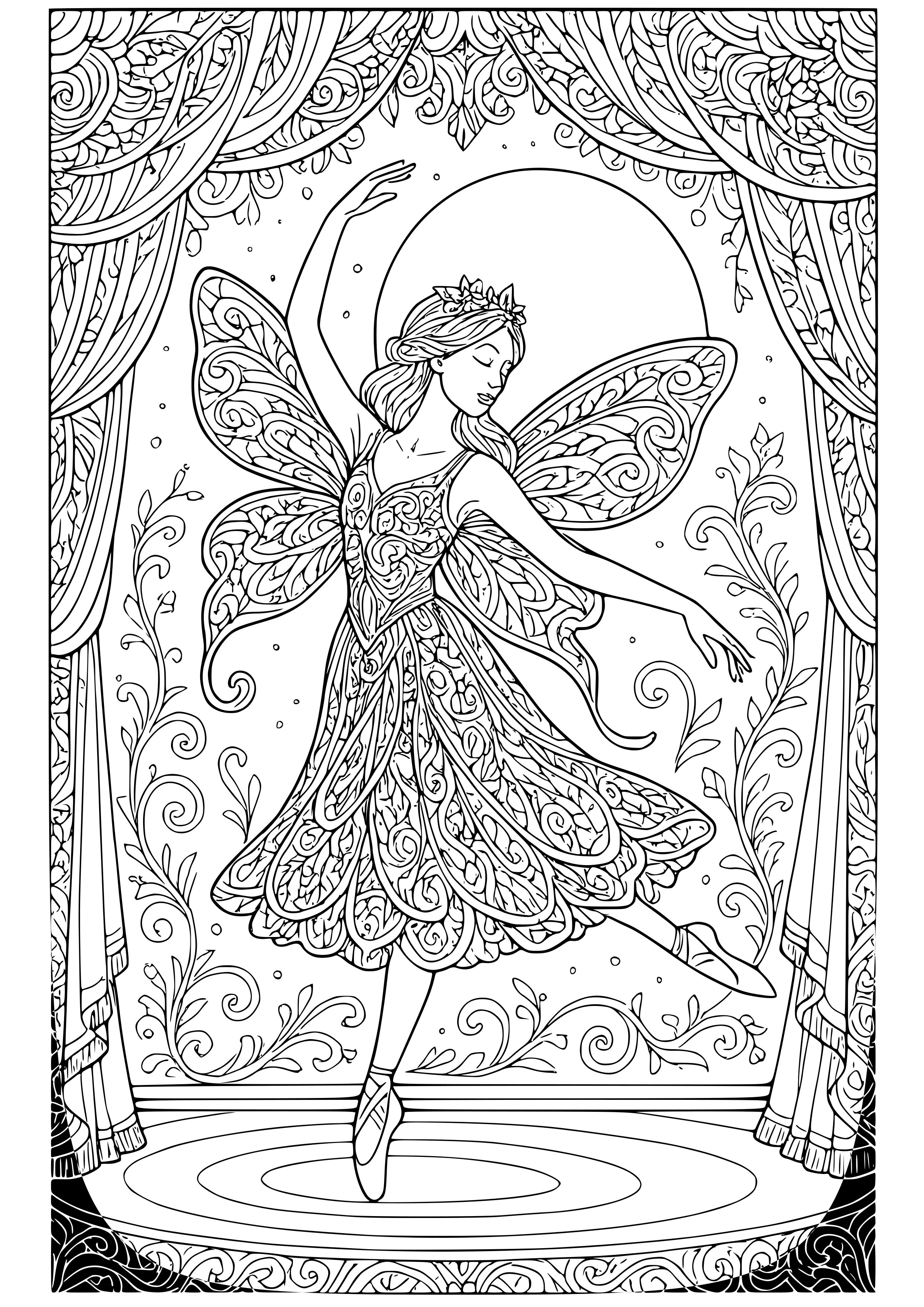 Elegant Fairy Performing a Dance on a Moonlit Stage Coloring Page