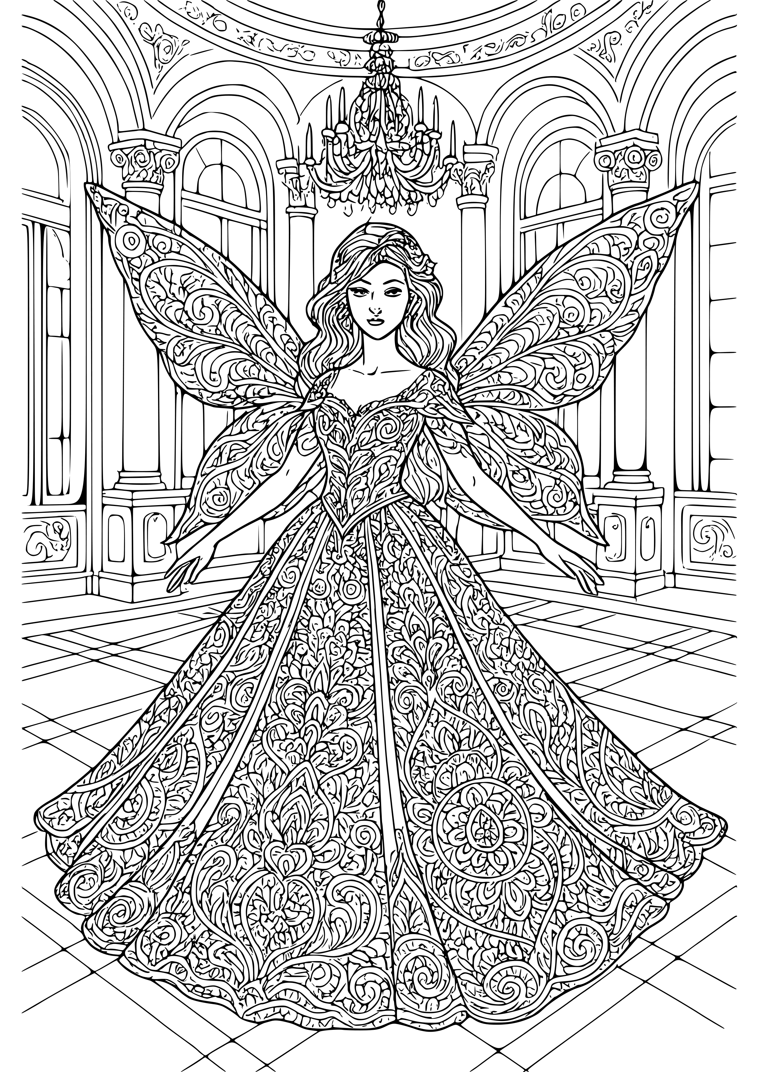 Elegant Fairy with a Flowing Gown in a Ballroom Coloring Page