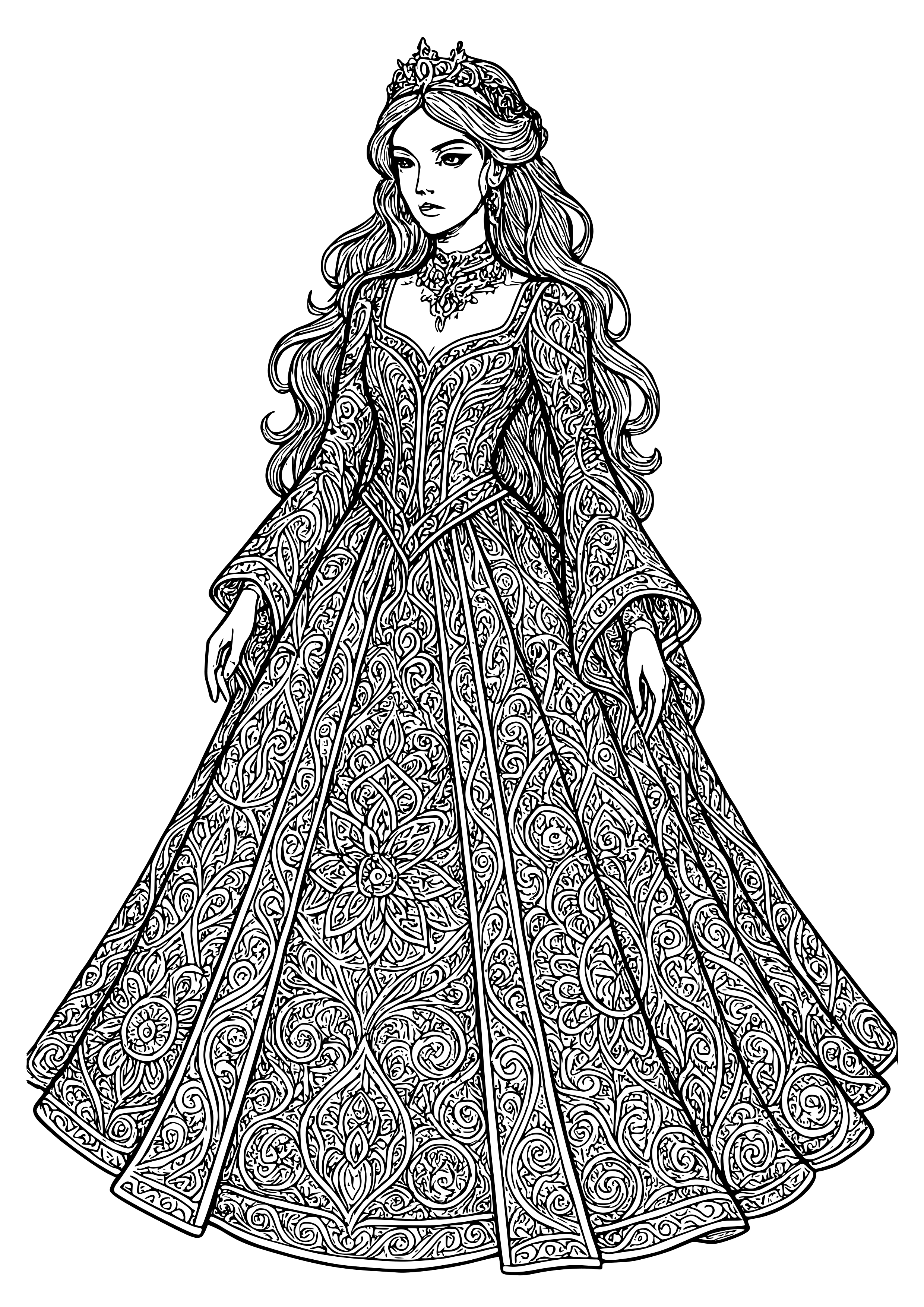 Elegant Gothic Lady in a Flowing Dress Coloring Page