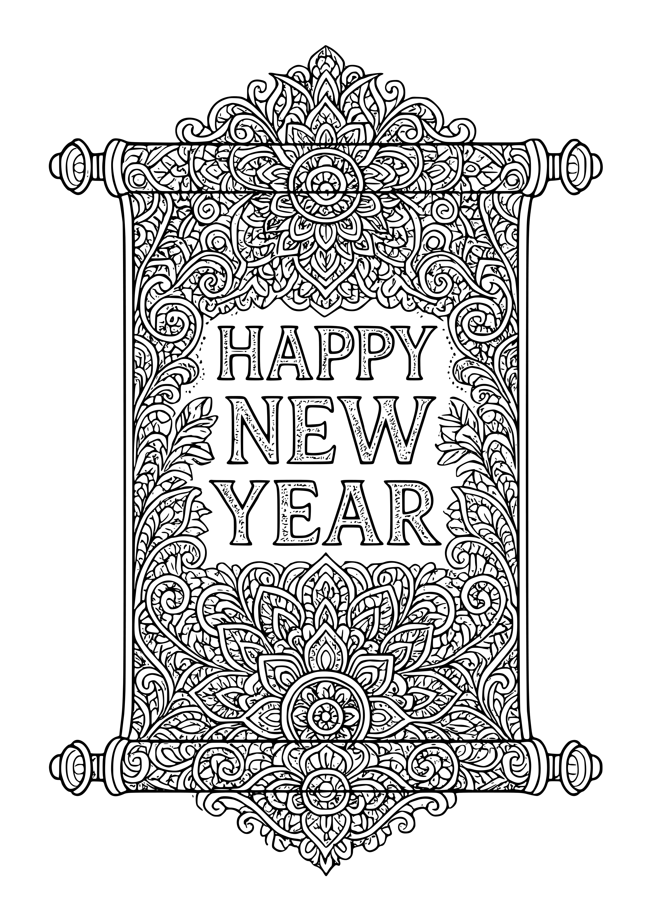 Elegant Scrolls Featuring New Year Wishes Coloring Page