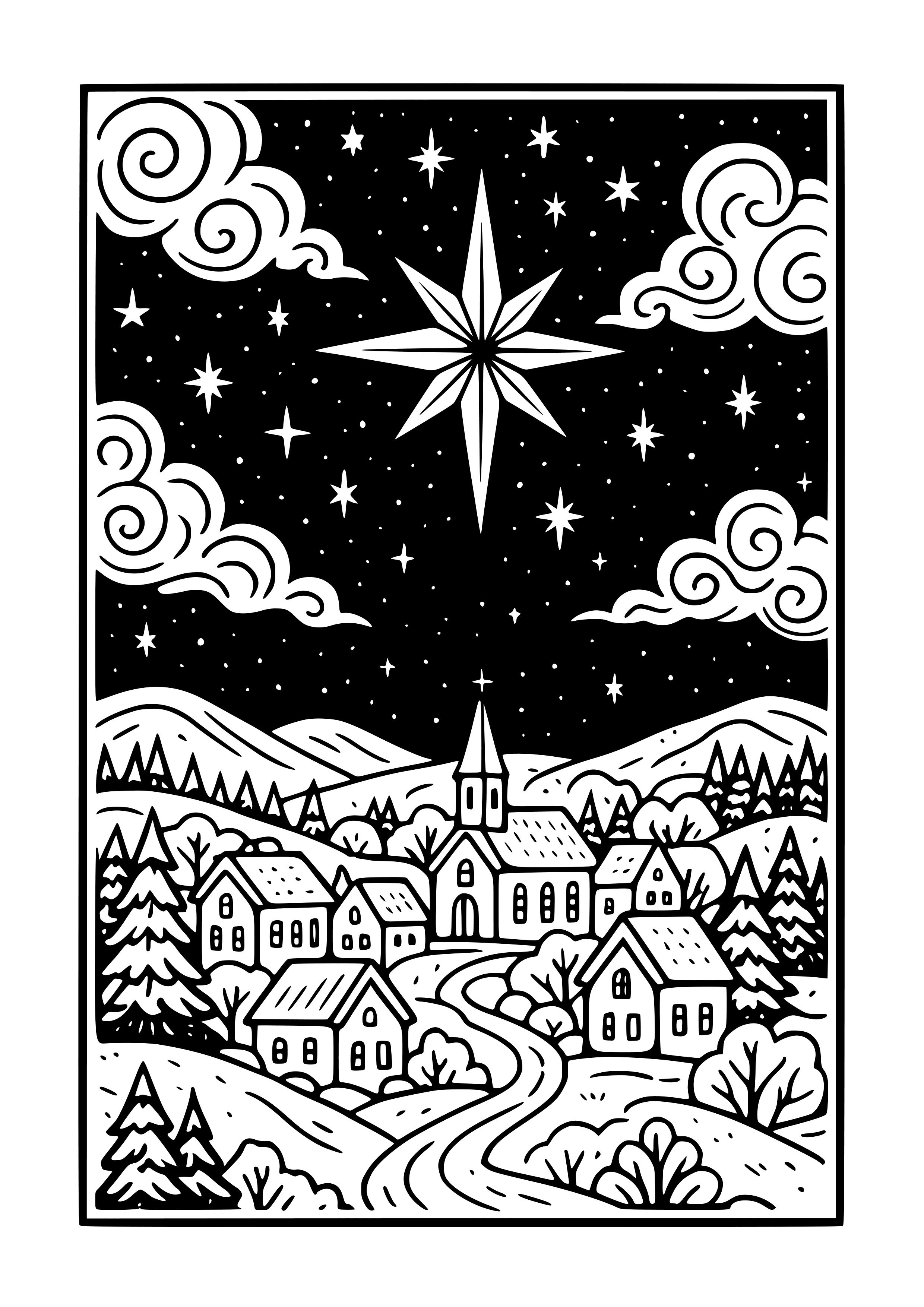 Elegant Starry Night Over the Village Coloring Page