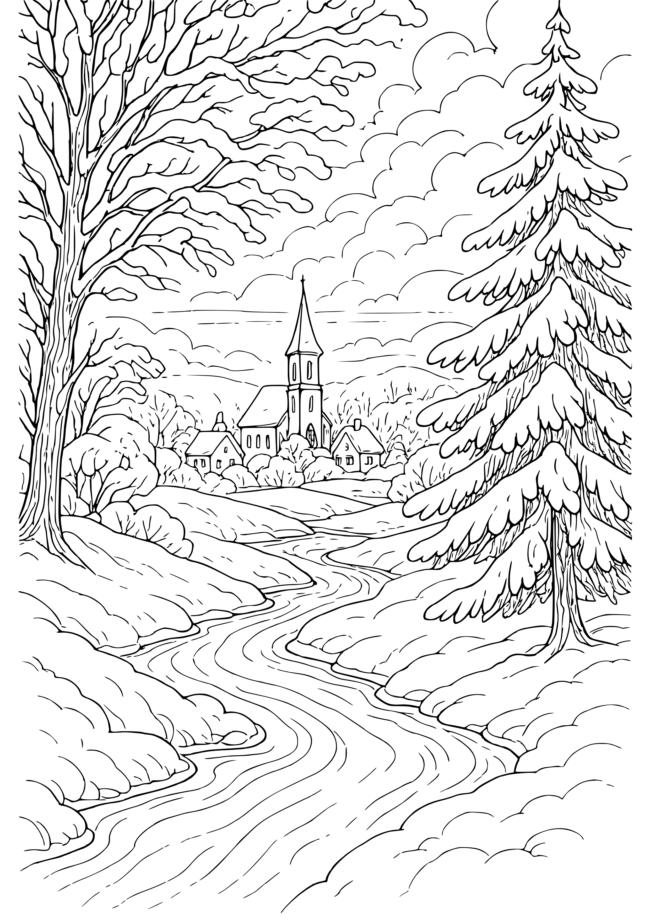 Elegant Winter Landscape Coloring Page