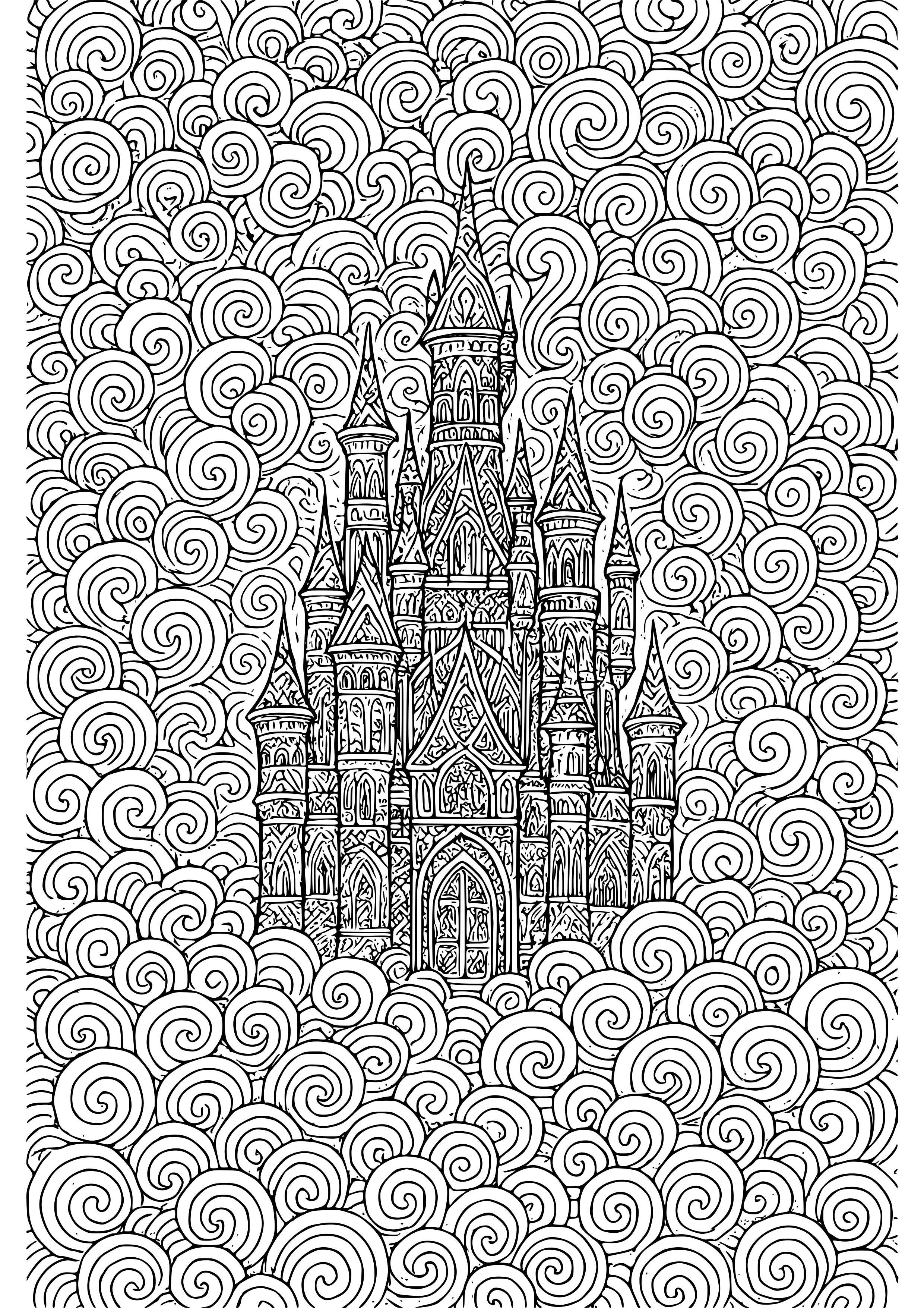 Enchanted Castle Surrounded by Swirling Clouds Coloring Page