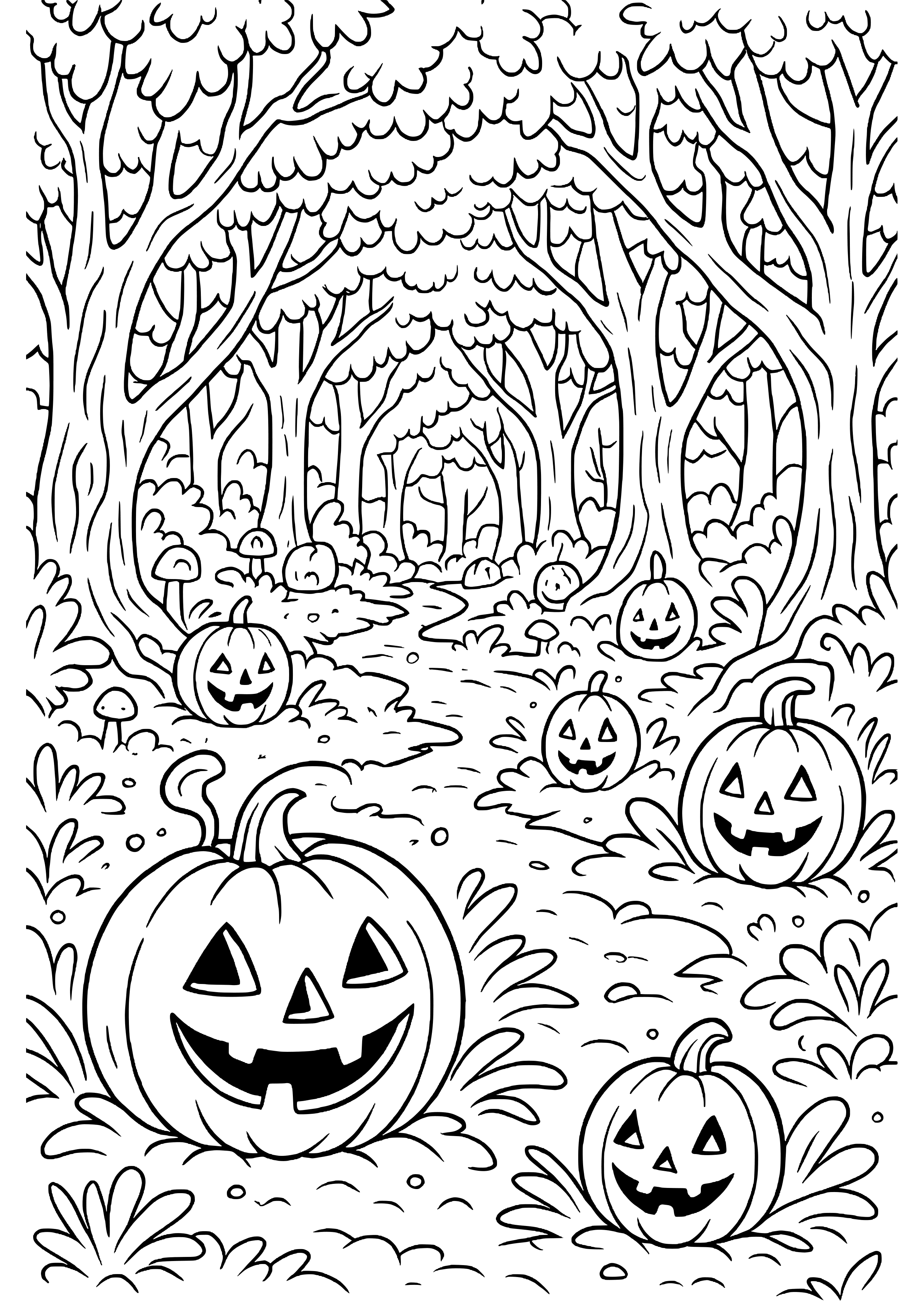 Enchanted Forest with Glowing Pumpkins Coloring Page