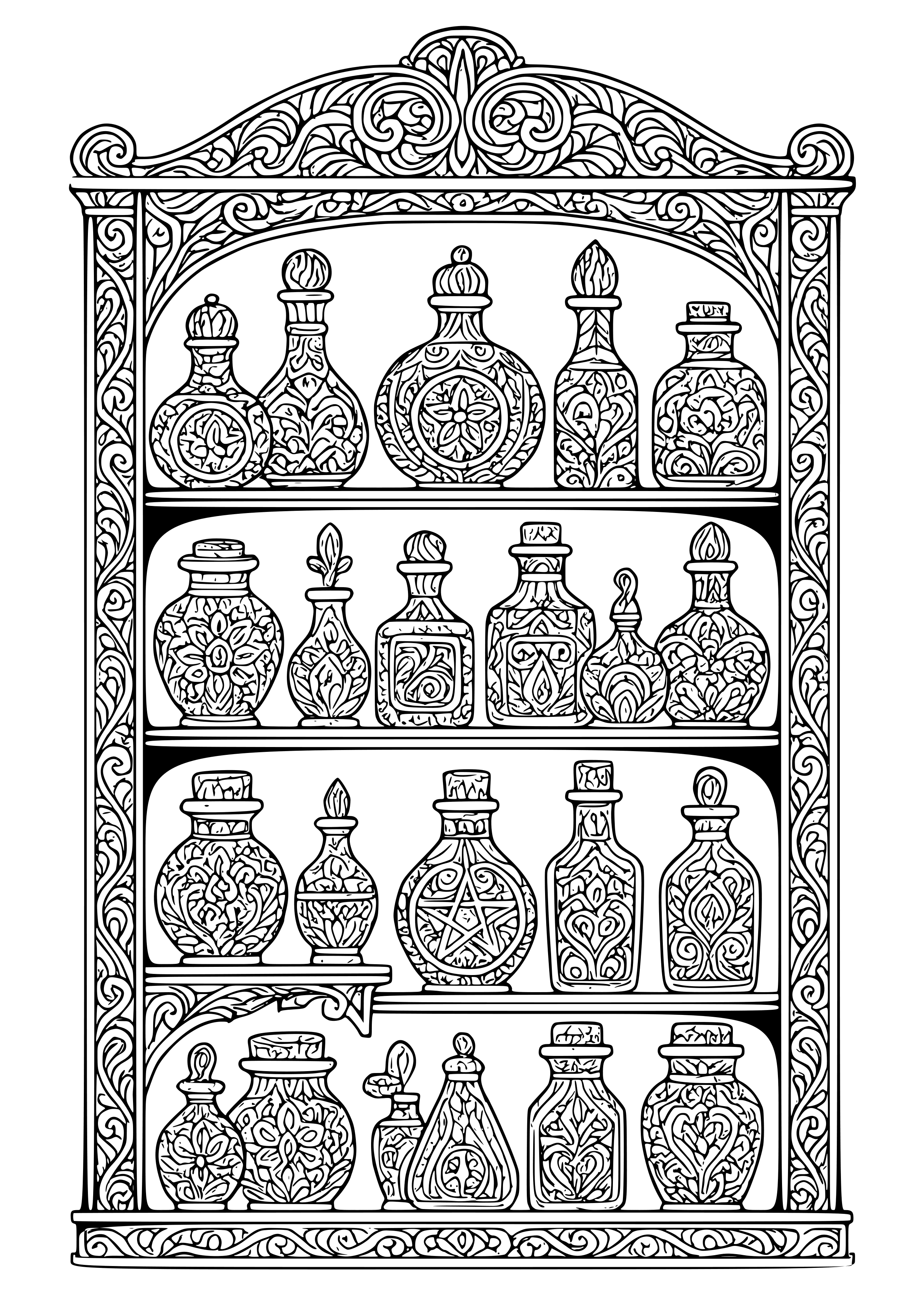 Enchanting Witch's Potion Shelf Filled with Jars Coloring Page