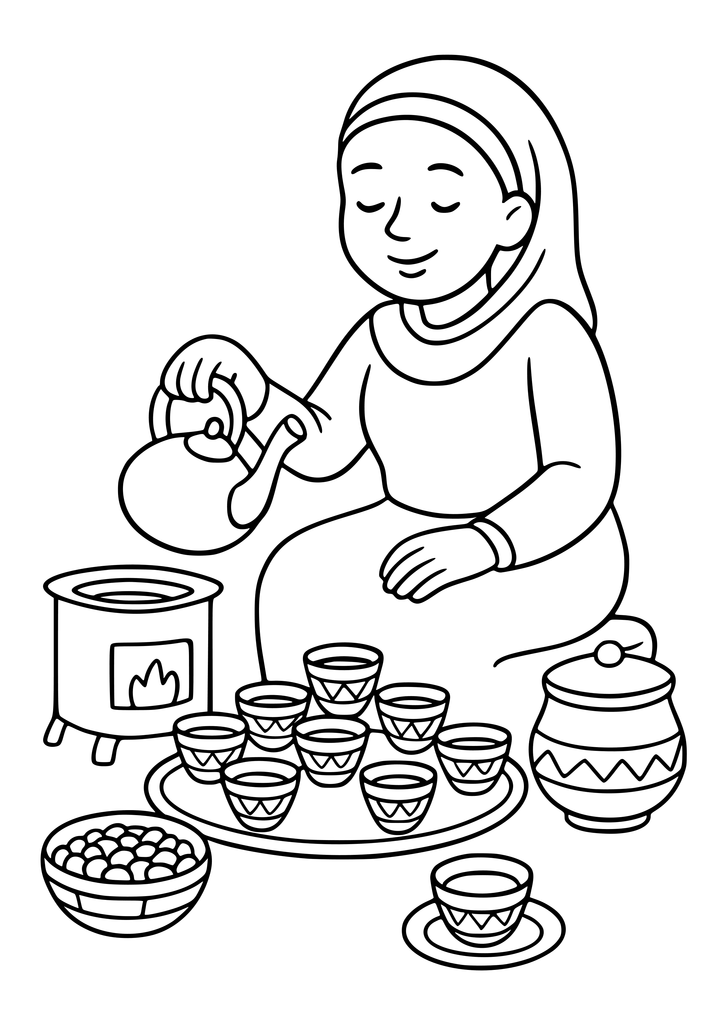 Ethopian Coffee Ceremony with Traditional Cups Coloring Page