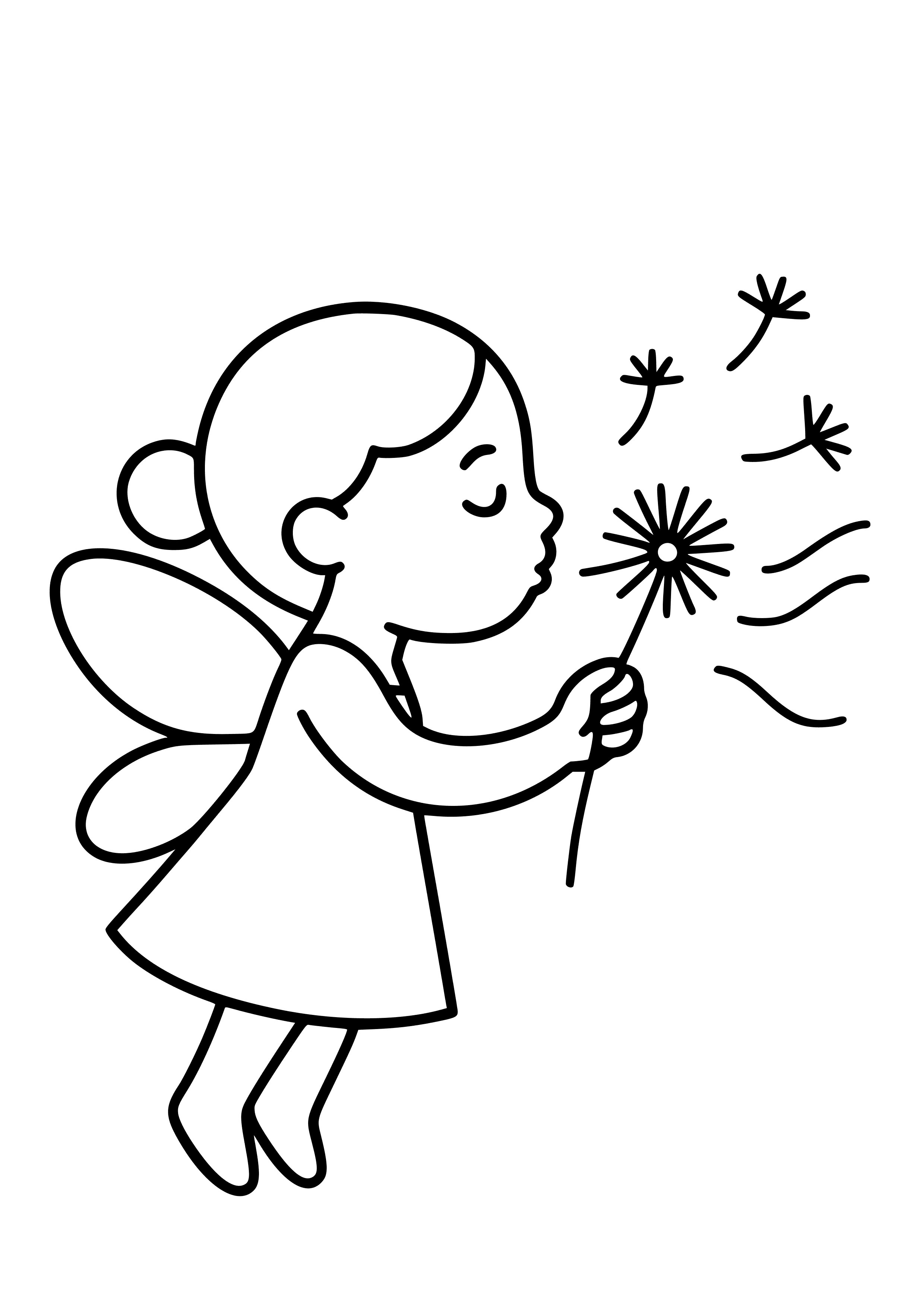 Fairy Blowing Dandelion Seeds in the Breeze Coloring Page