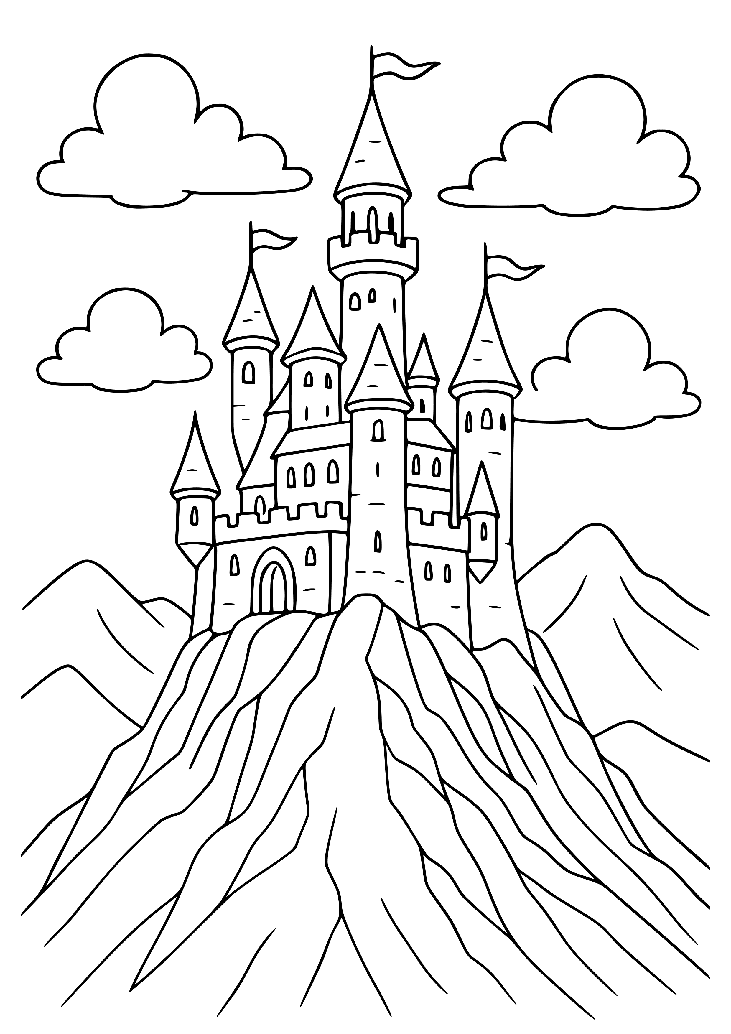 Fairy Castle Perched Atop a Mountain Peak Coloring Page