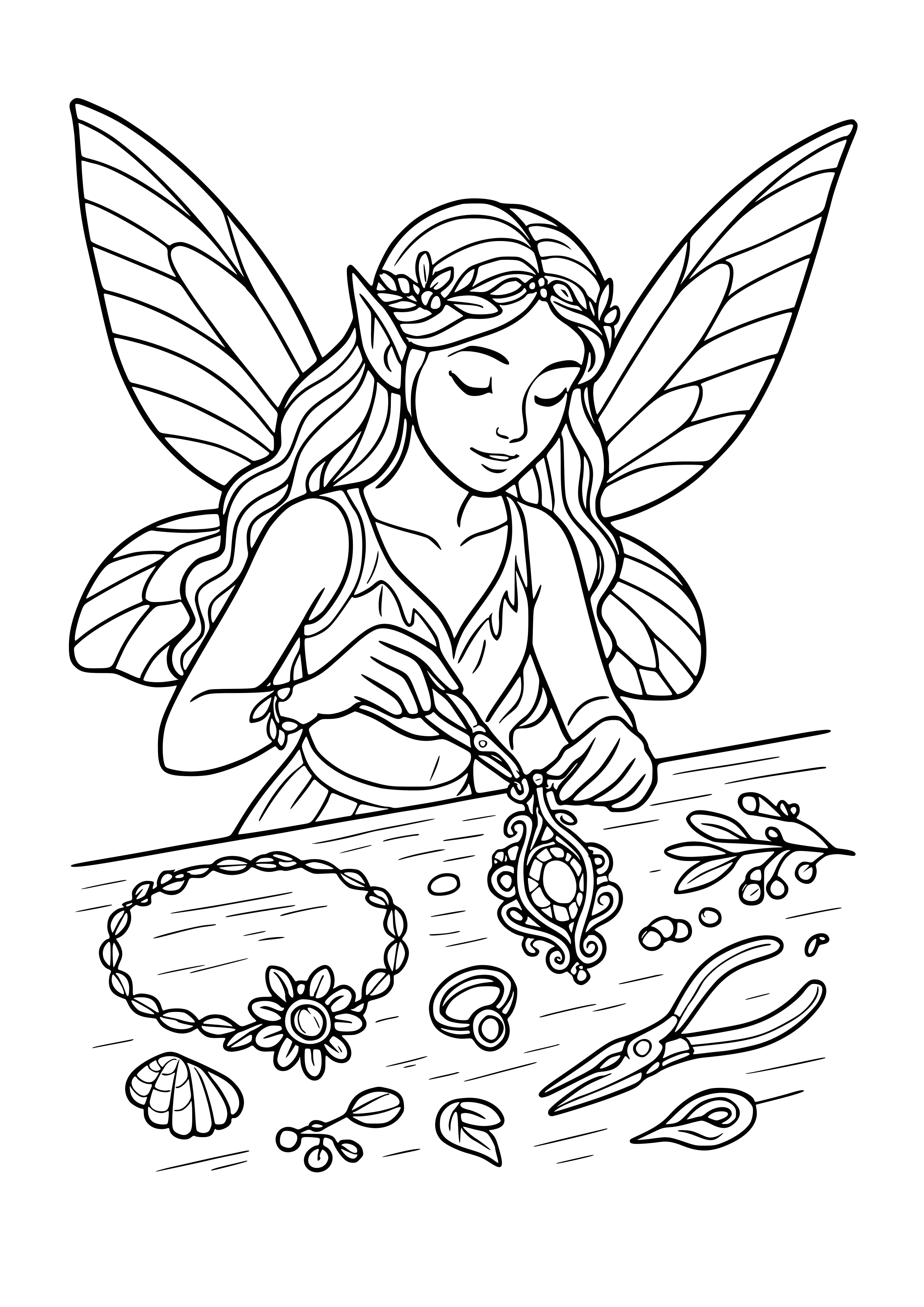 Fairy Crafting Intricate Jewelry From Natural Materials Coloring Page