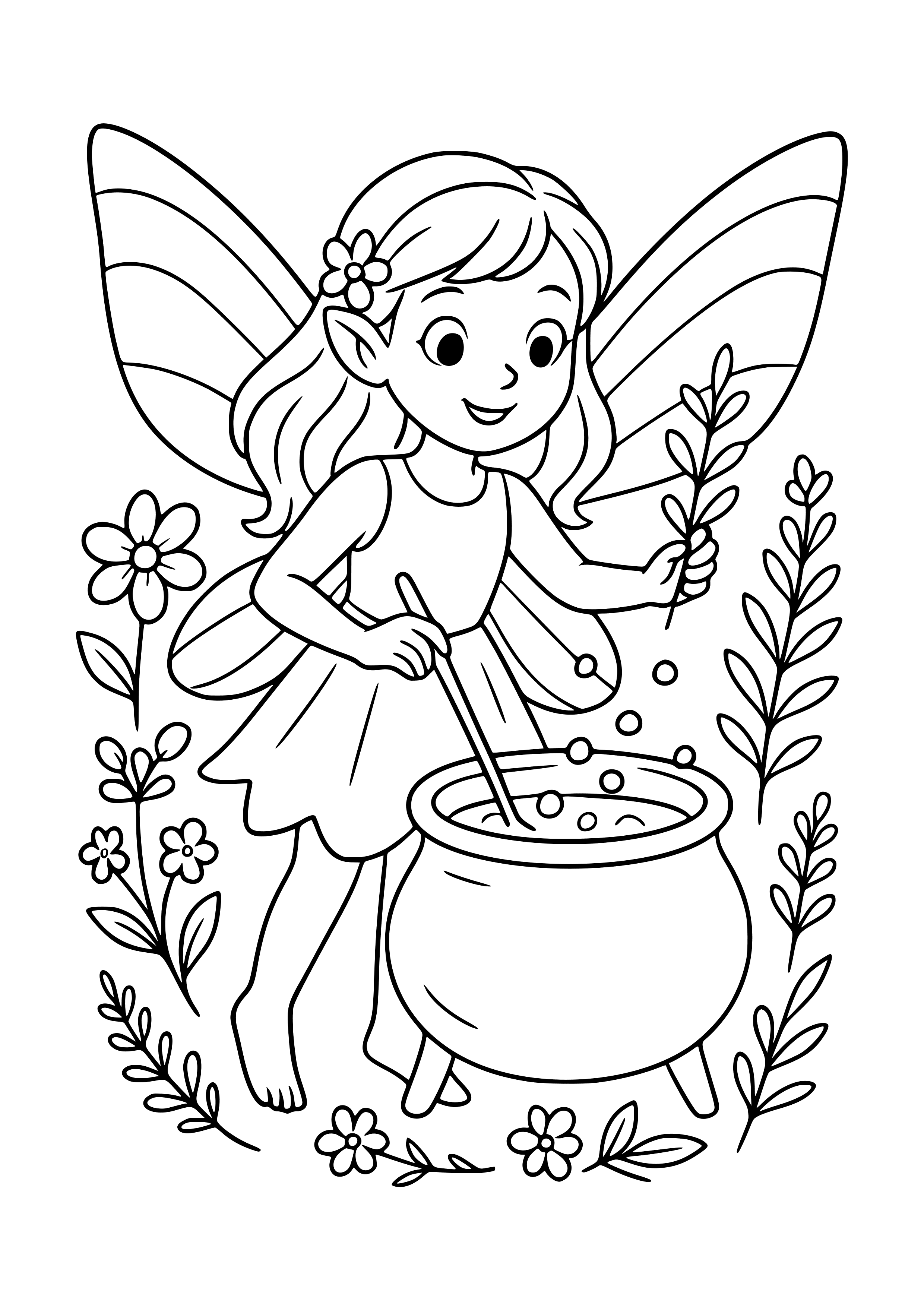 Fairy Creating a Potion with Herbs and Flowers Coloring Page