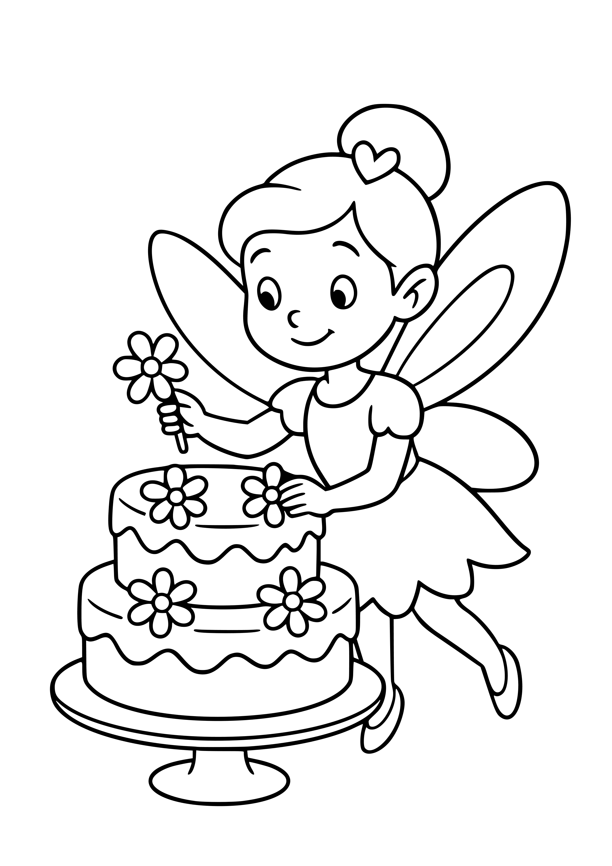 Fairy Decorating a Birthday Cake with Flowers Coloring Page