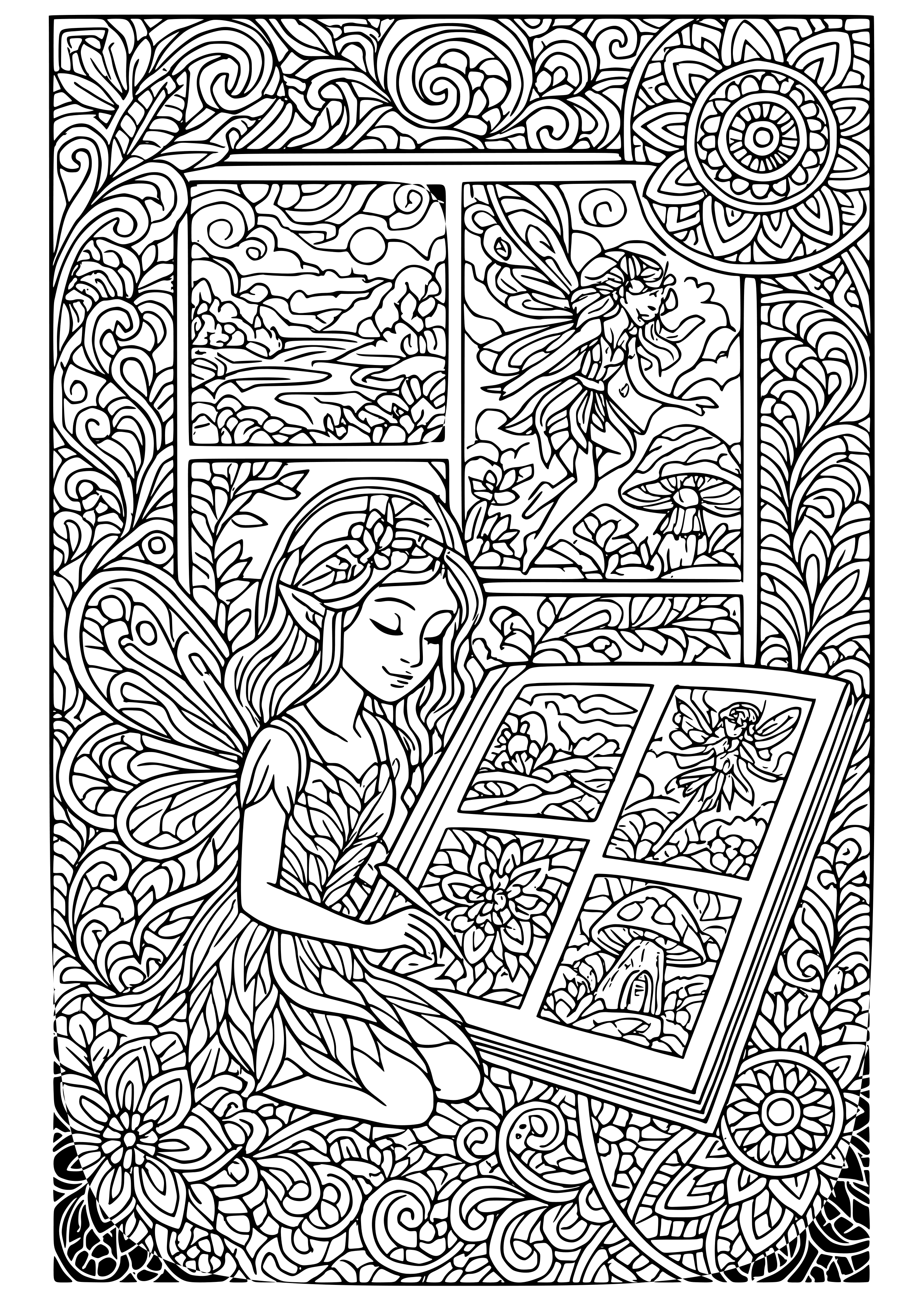 Fairy Depicting Her Adventures in a Scrapbook Coloring Page