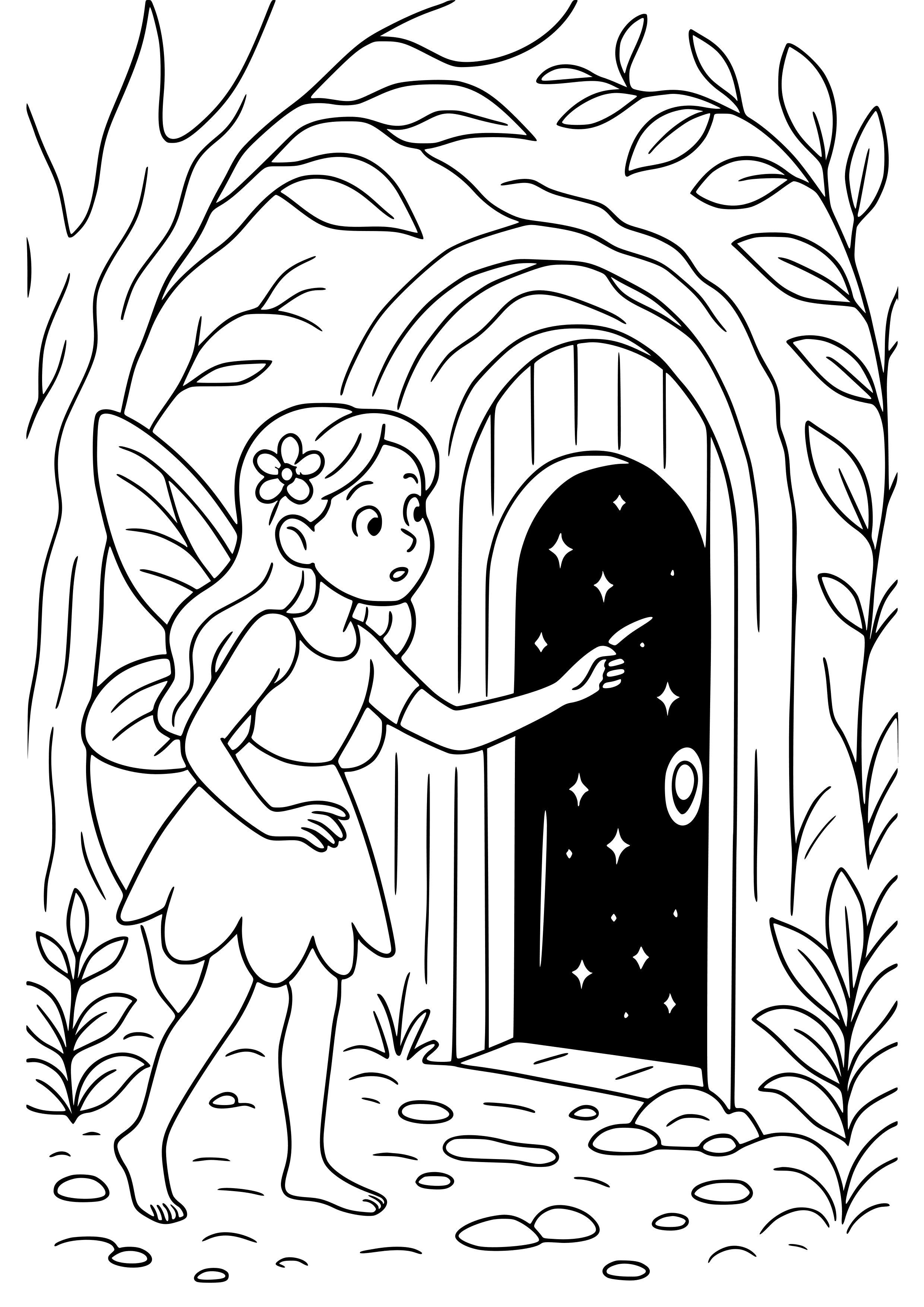 Fairy Discovering a Hidden Door to Another Realm Coloring Page