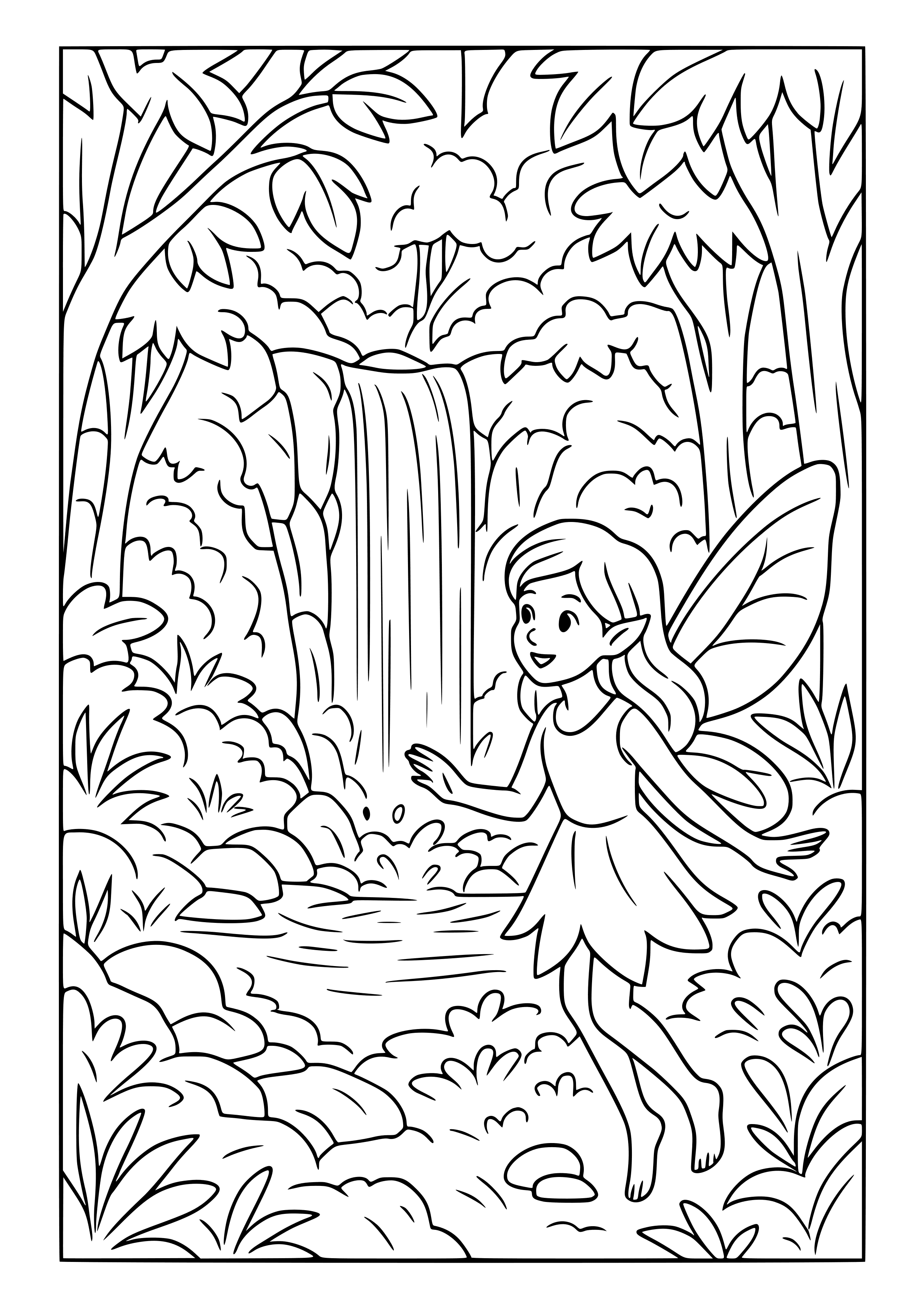 Fairy Discovering a Hidden Waterfall in the Woods Coloring Page
