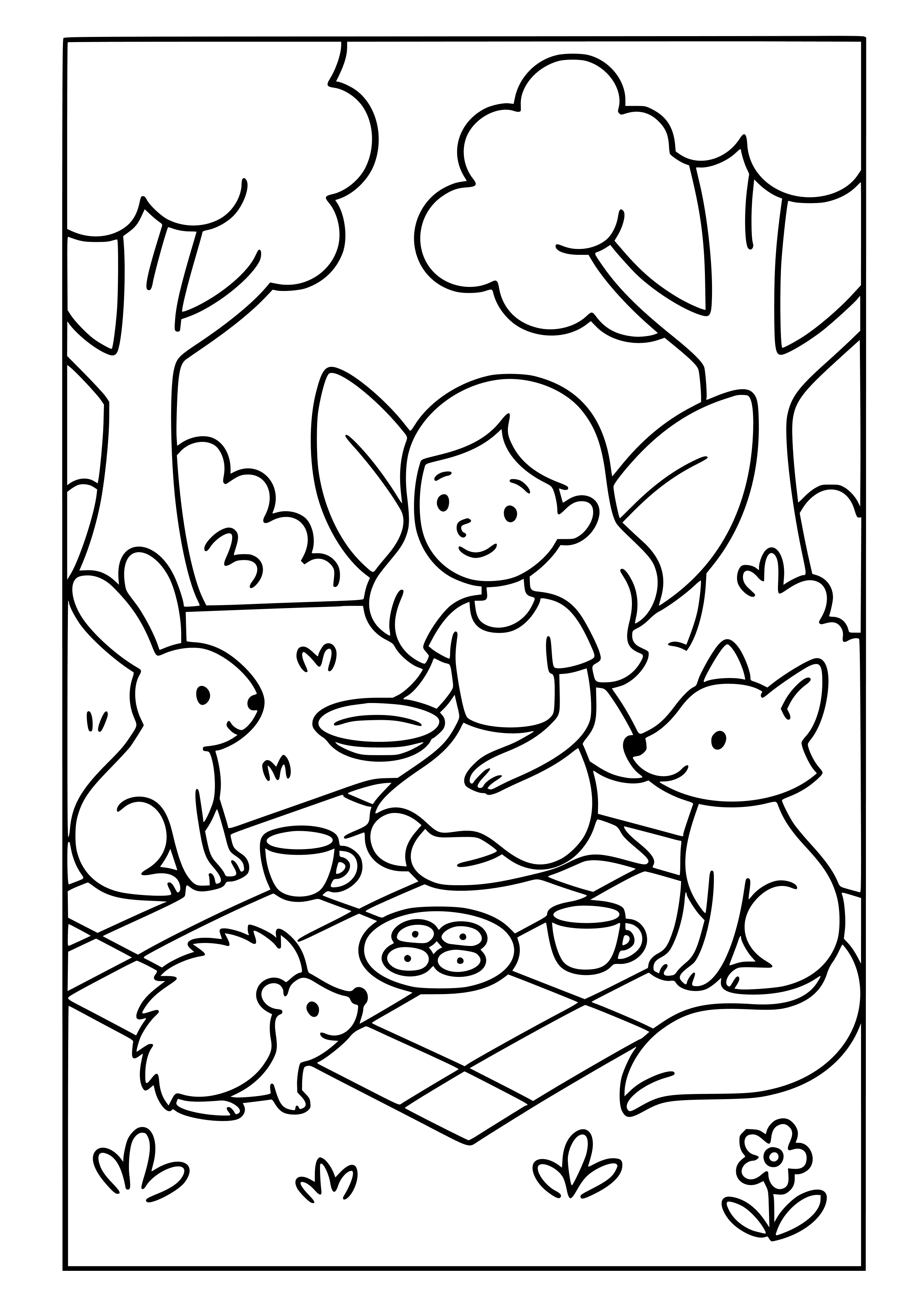 Fairy Enjoying a Picnic with Woodland Creatures Coloring Page
