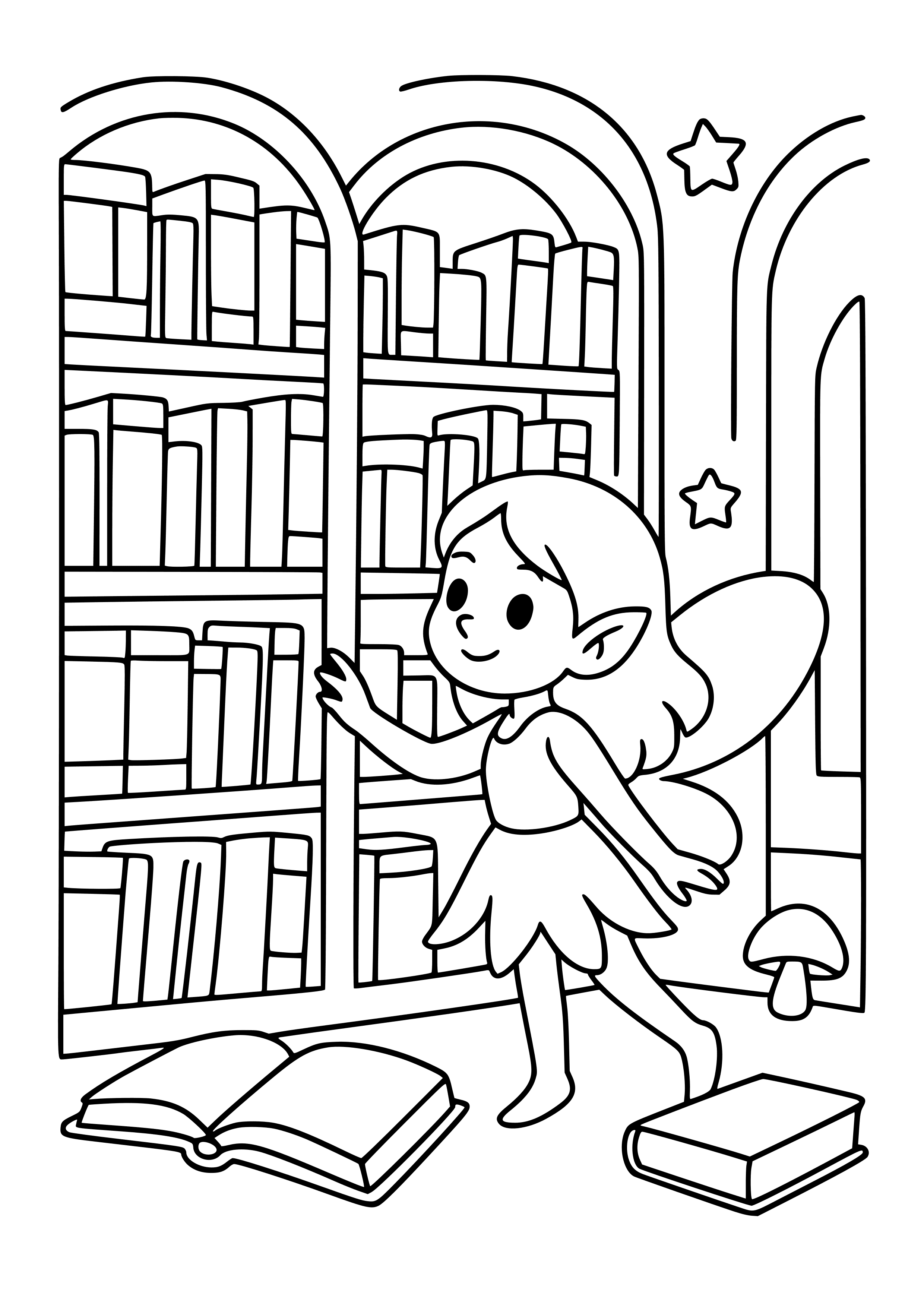Fairy Exploring a Magical Library Filled with Books Coloring Page