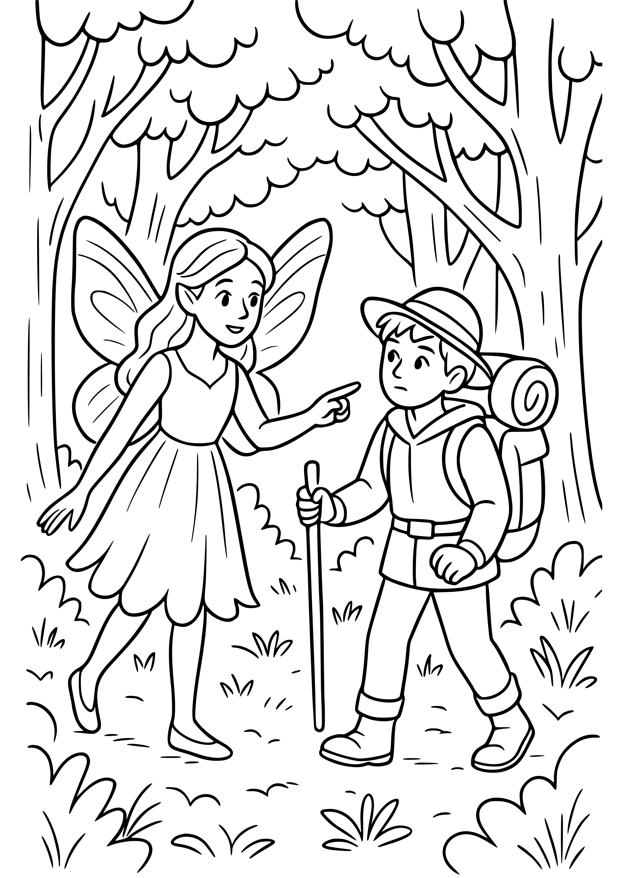 Fairy Guiding a Lost Traveler Through the Forest Coloring Page