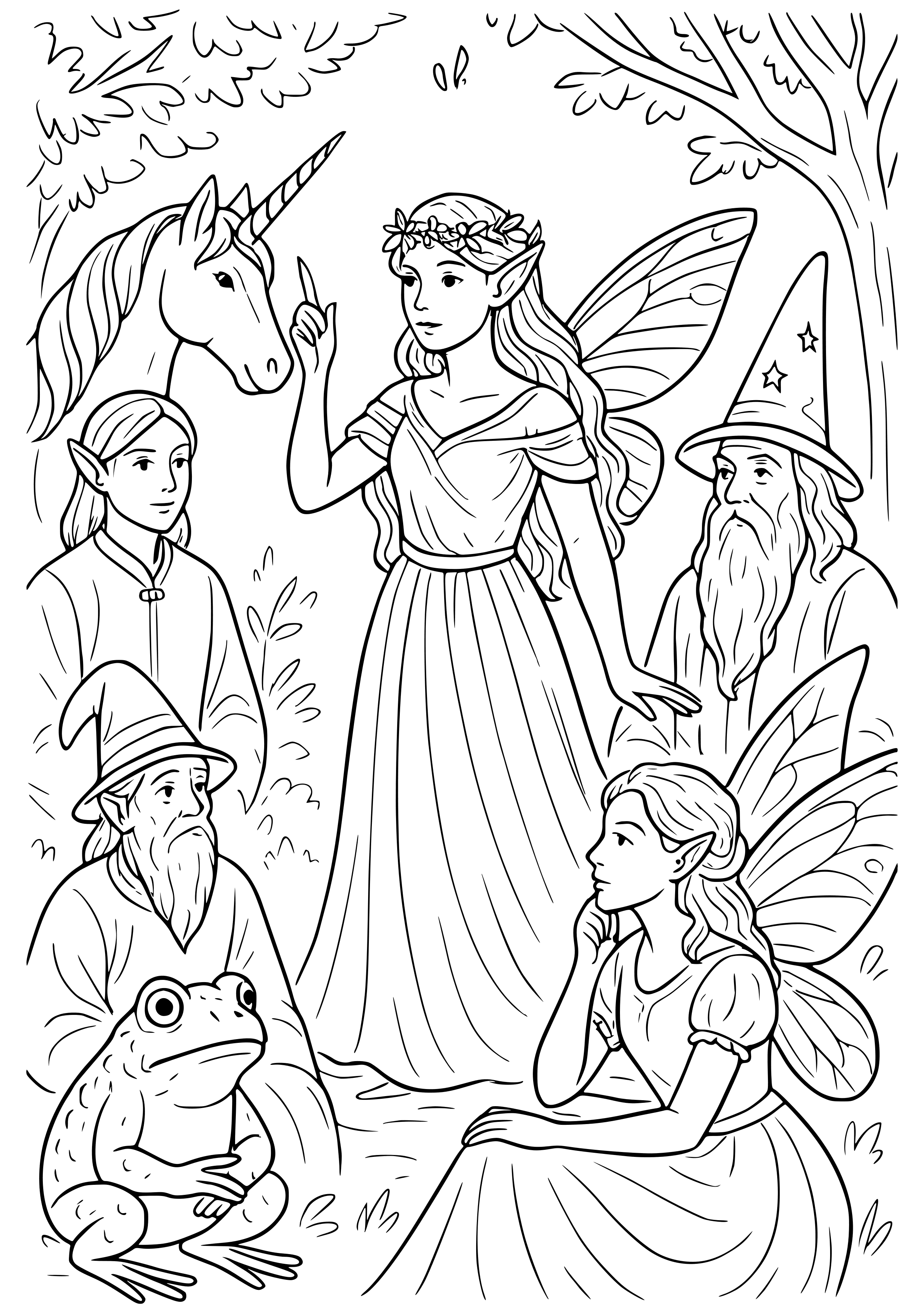 Fairy Leading a Council of Magical Beings Coloring Page