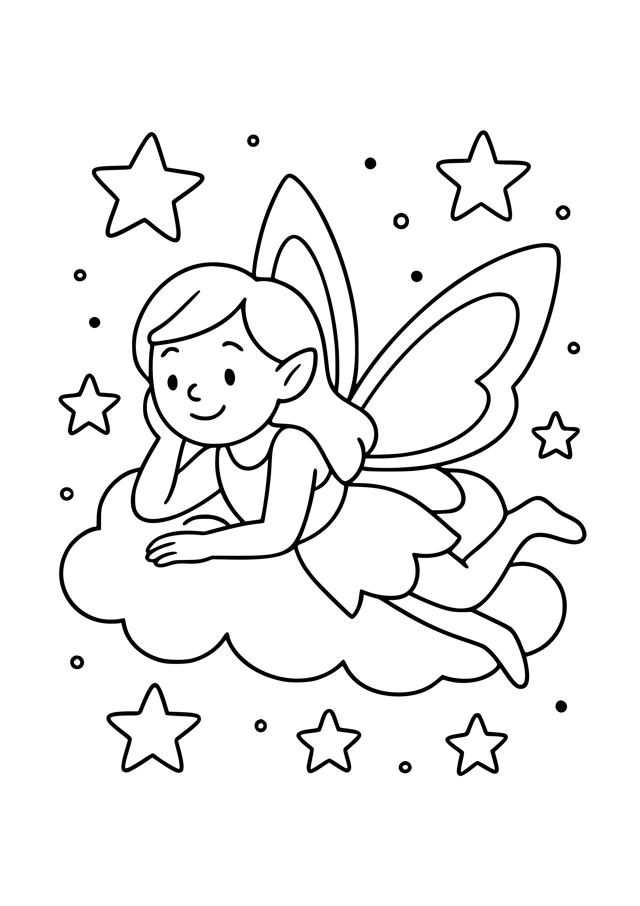 Fairy Lounging on a Cloud Surrounded by Stars Coloring Page
