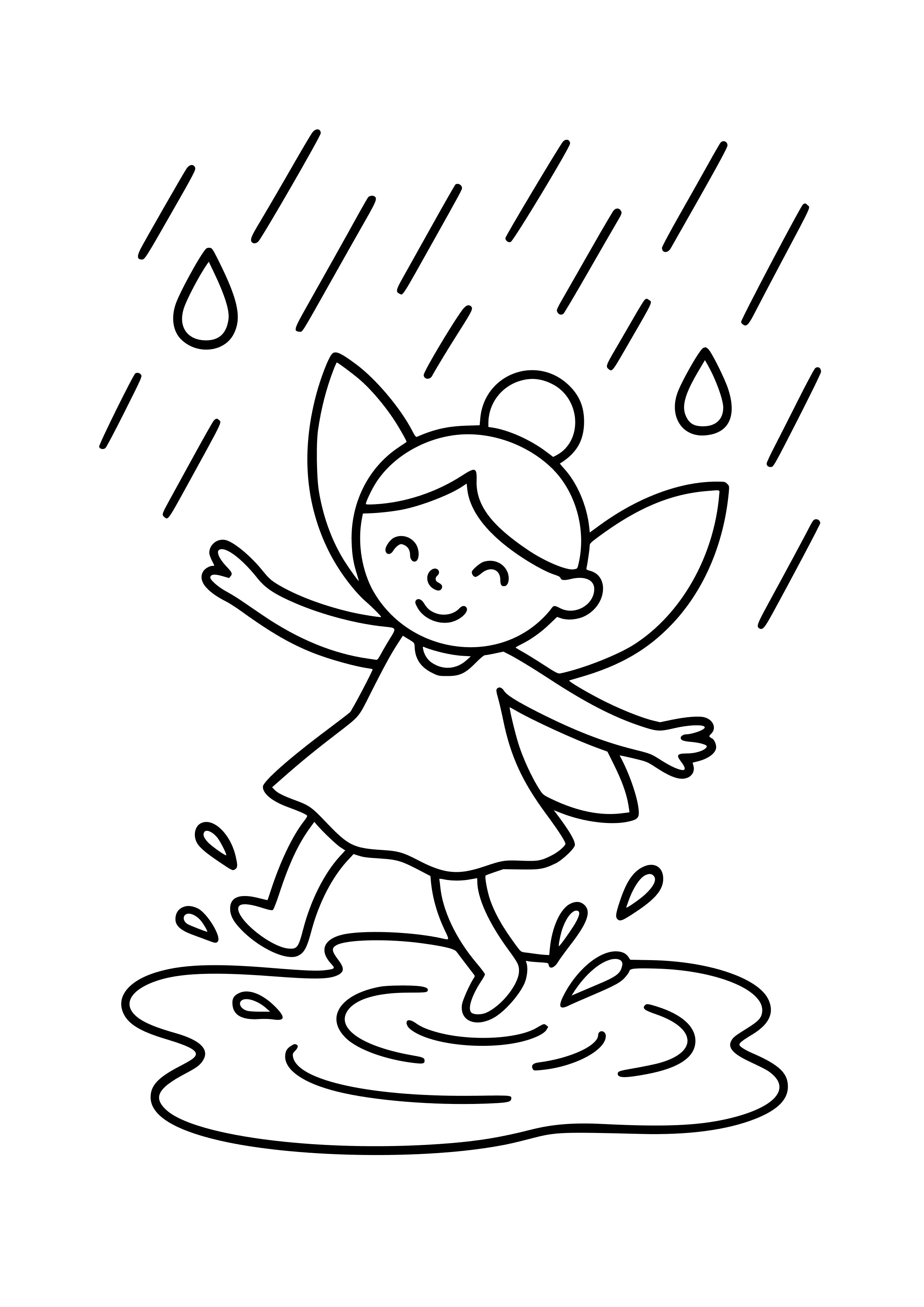 Fairy Playing in a Puddle During a Rain Shower Coloring Page