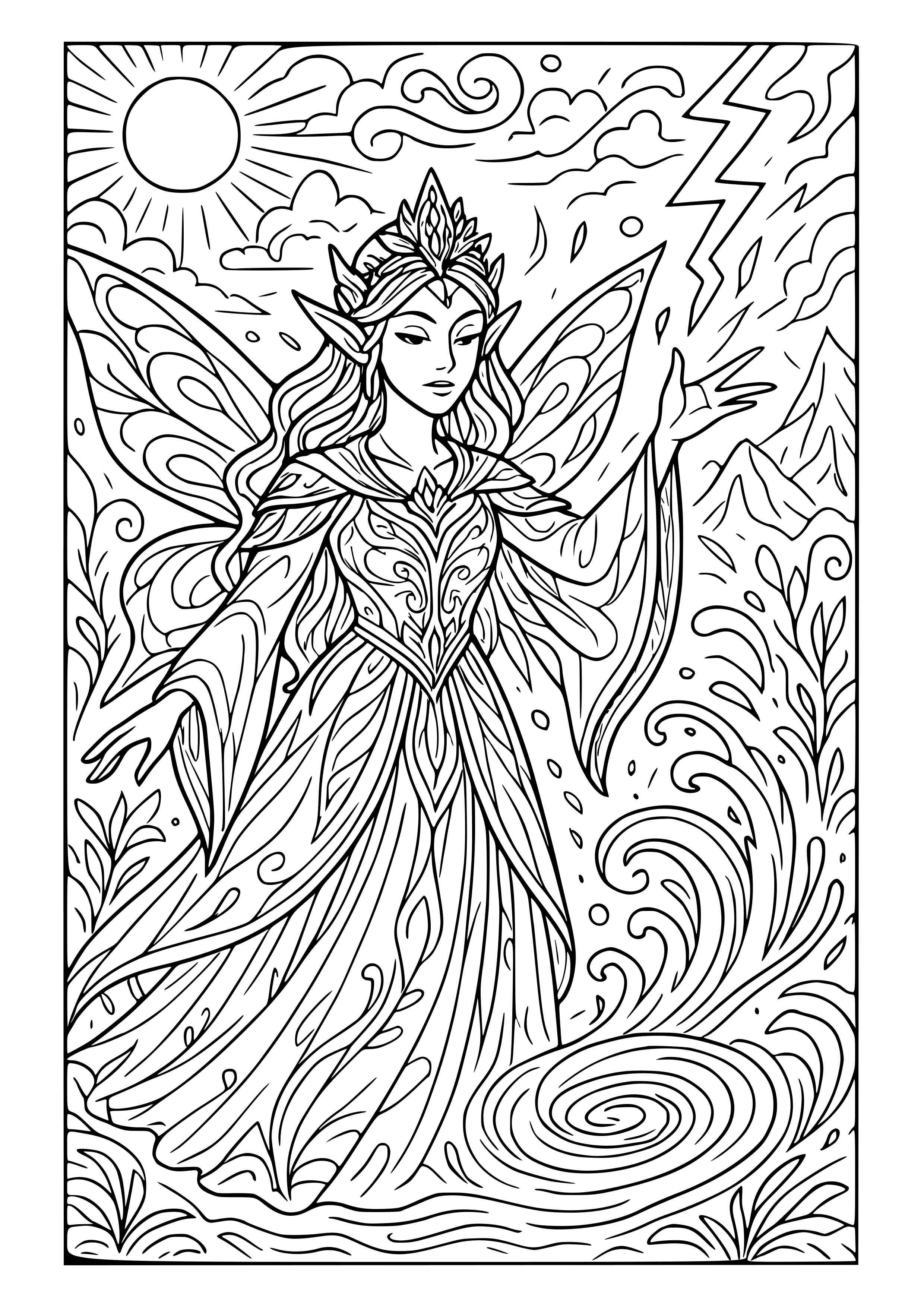 Fairy Queen Commanding the Elements in Her Realm Coloring Page