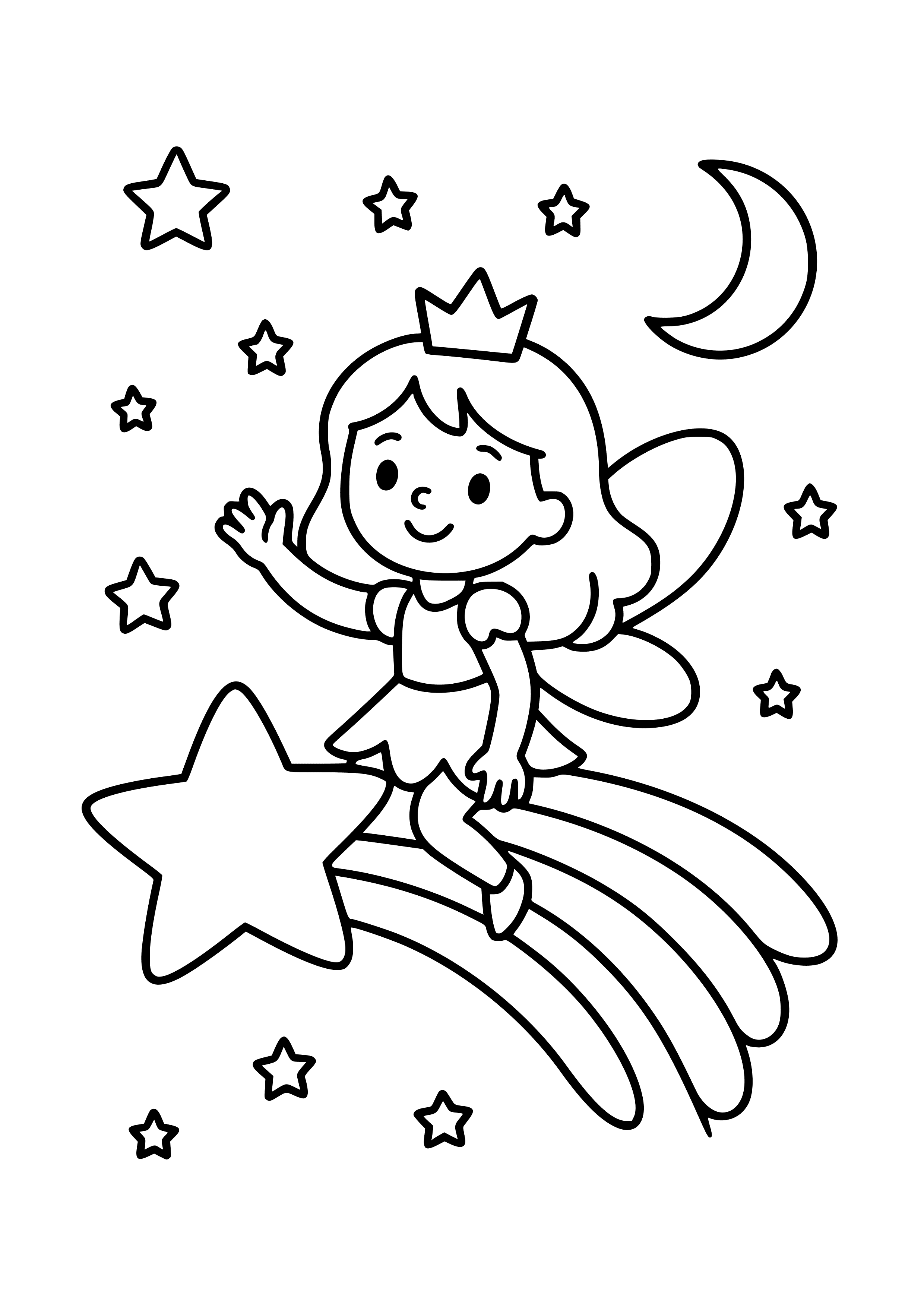 Fairy Riding a Shooting Star Across the Night Sky Coloring Page