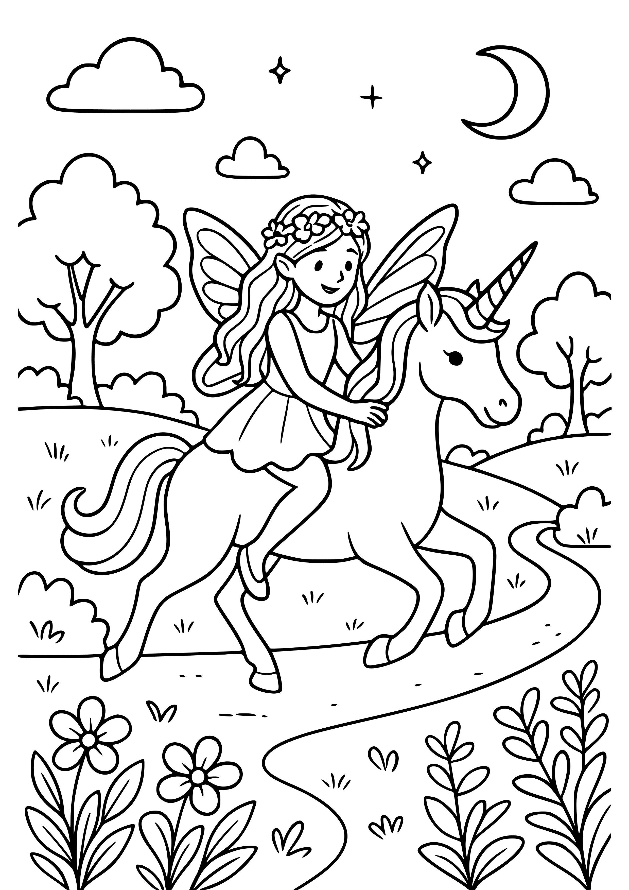 Fairy Riding a Unicorn Through a Magical Landscape Coloring Page