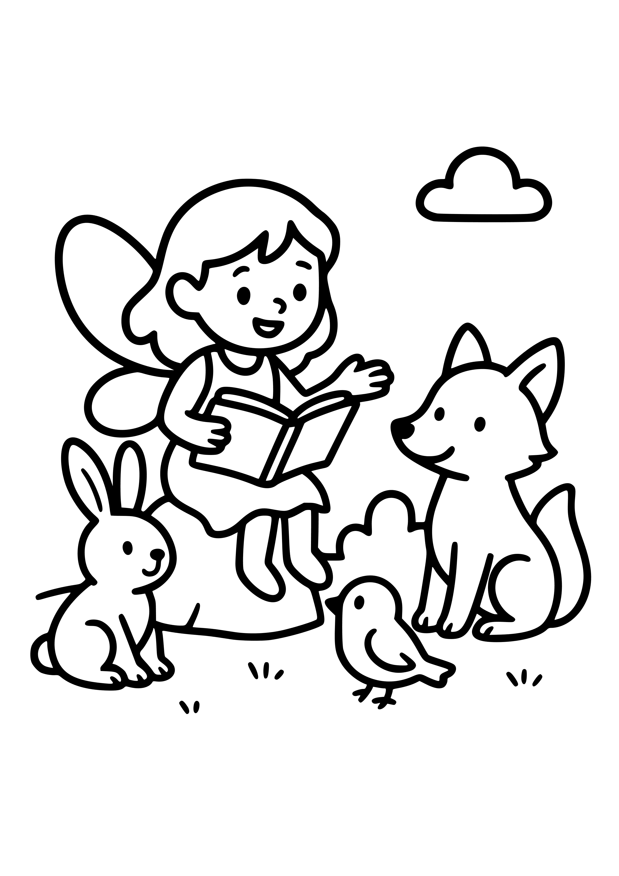 Fairy Sharing Stories with Forest Animals Coloring Page