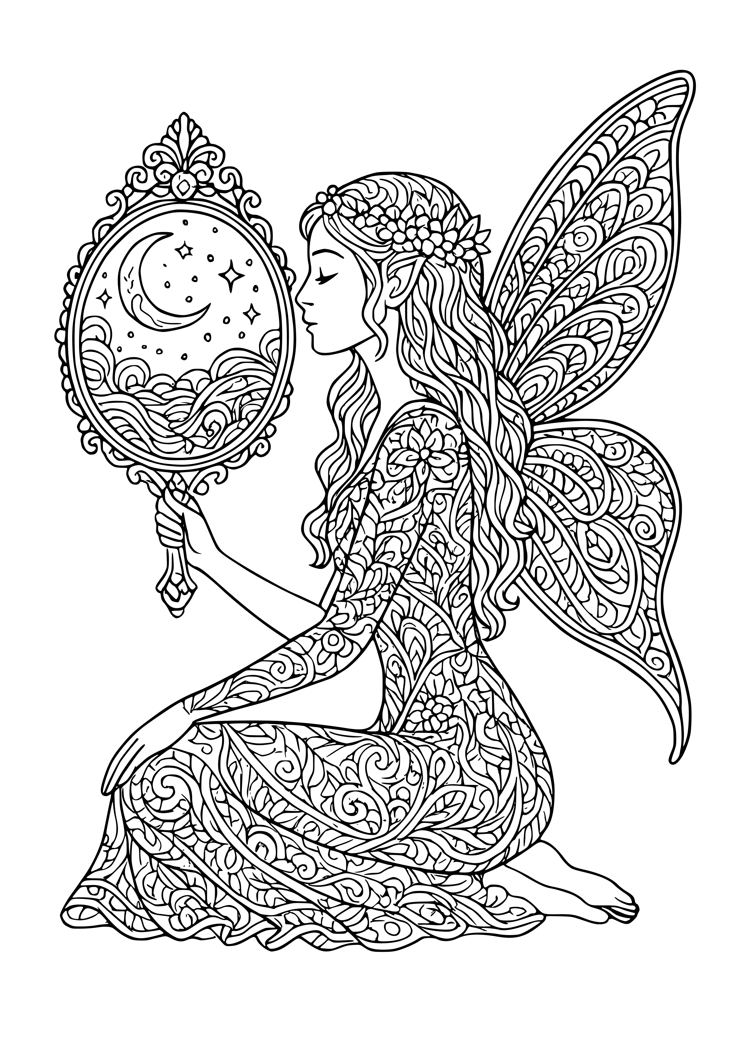 Fairy with a Magical Mirror Reflecting Her Dreams Coloring Page