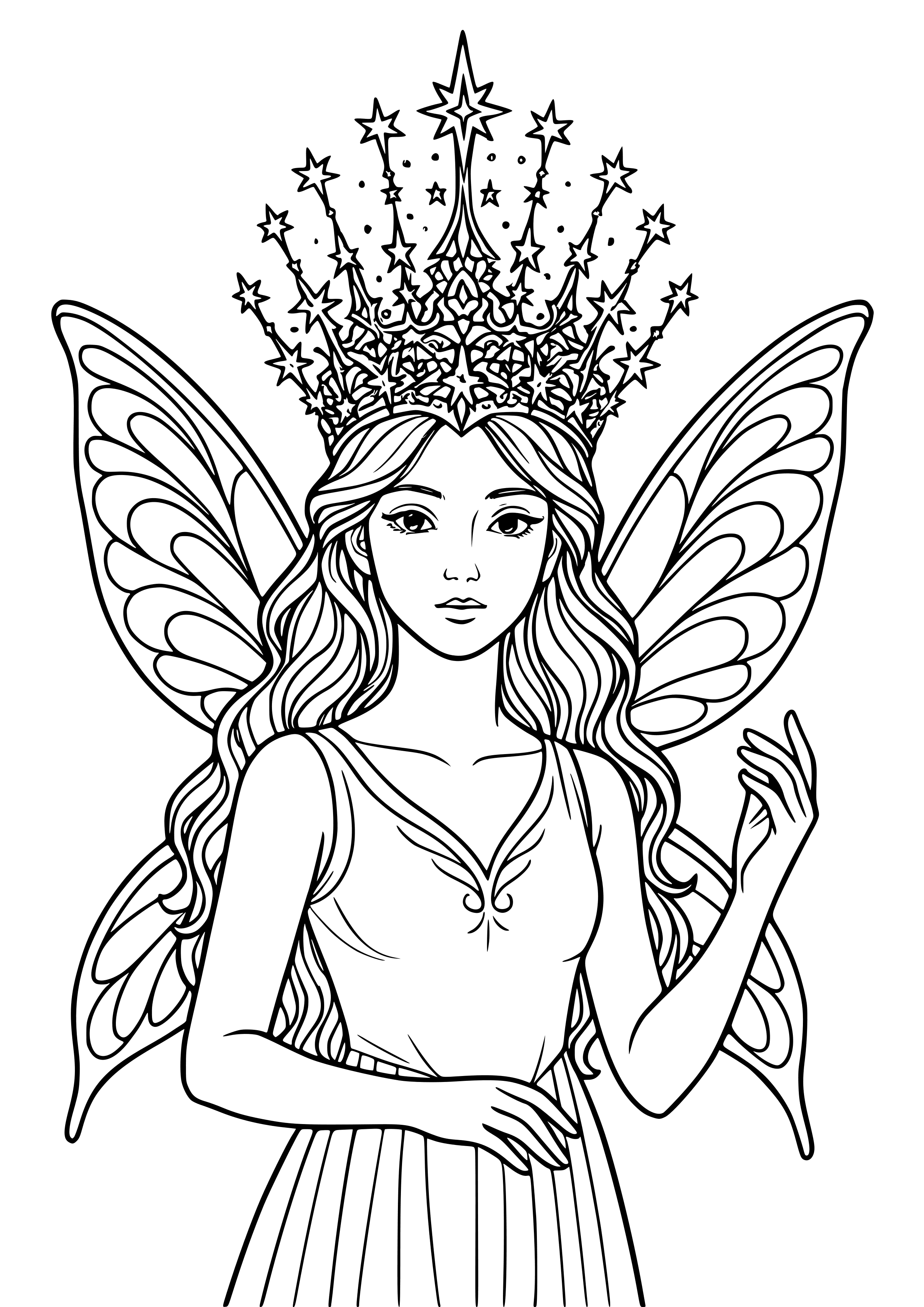 Fairy with an Intricate Crown Made of Stars Coloring Page