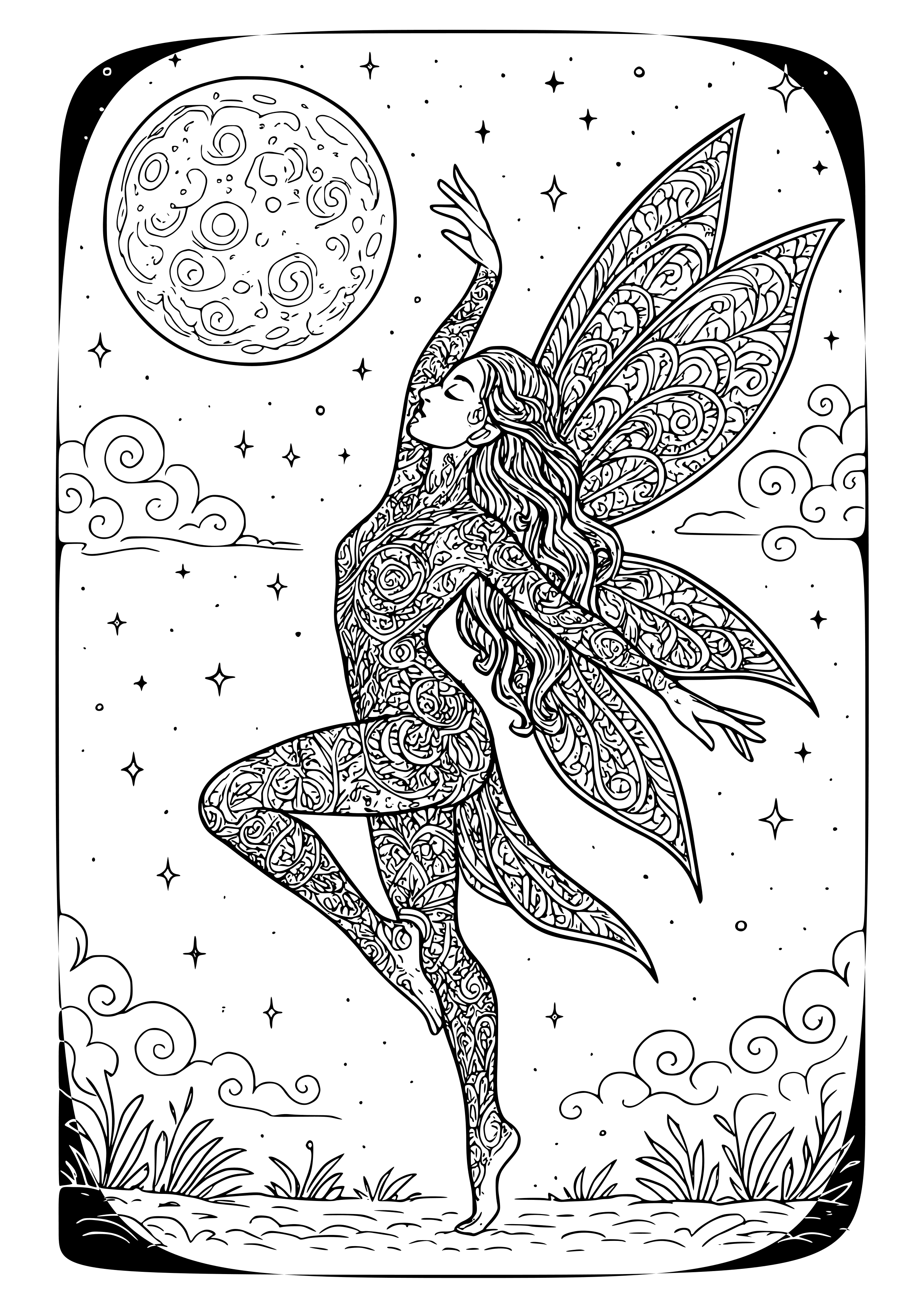 Fairy with Intricate Tattoos Dancing on a Moonlit Night Coloring Page