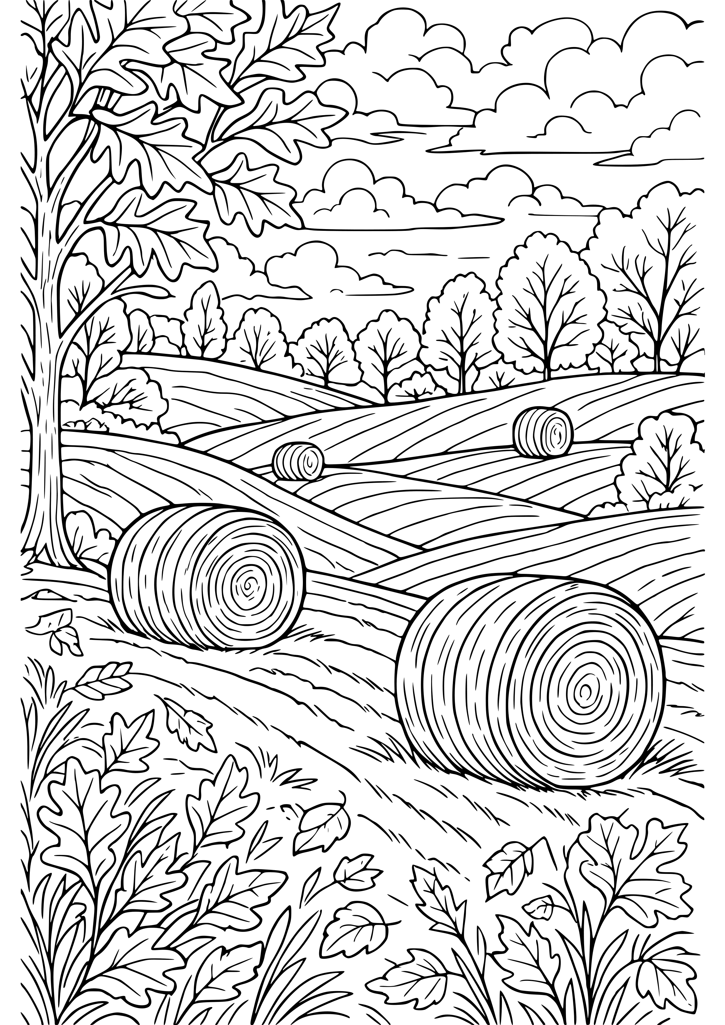 Fall Landscape with Hay Bales Coloring Page