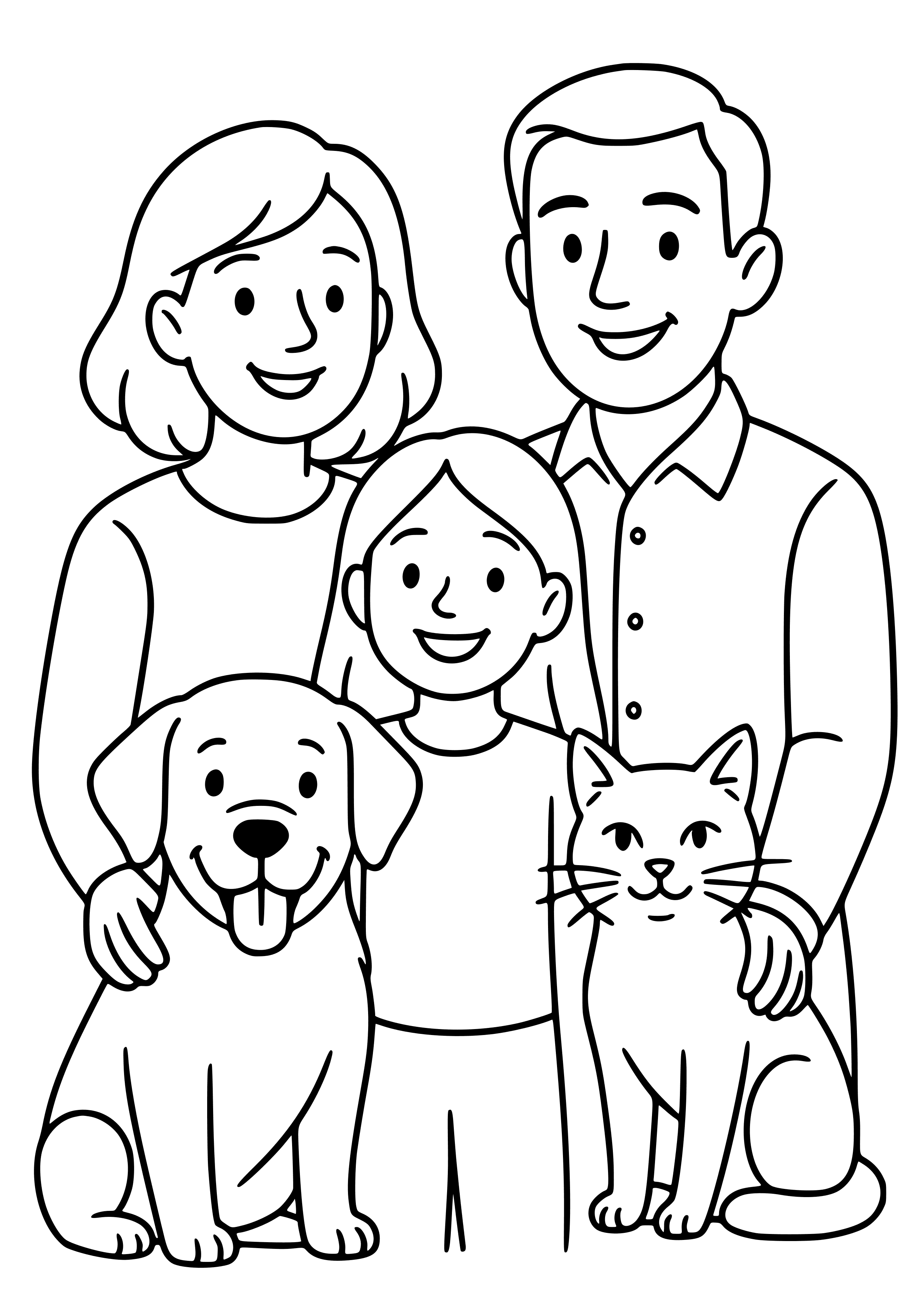 Family Portrait with Pets Coloring Page