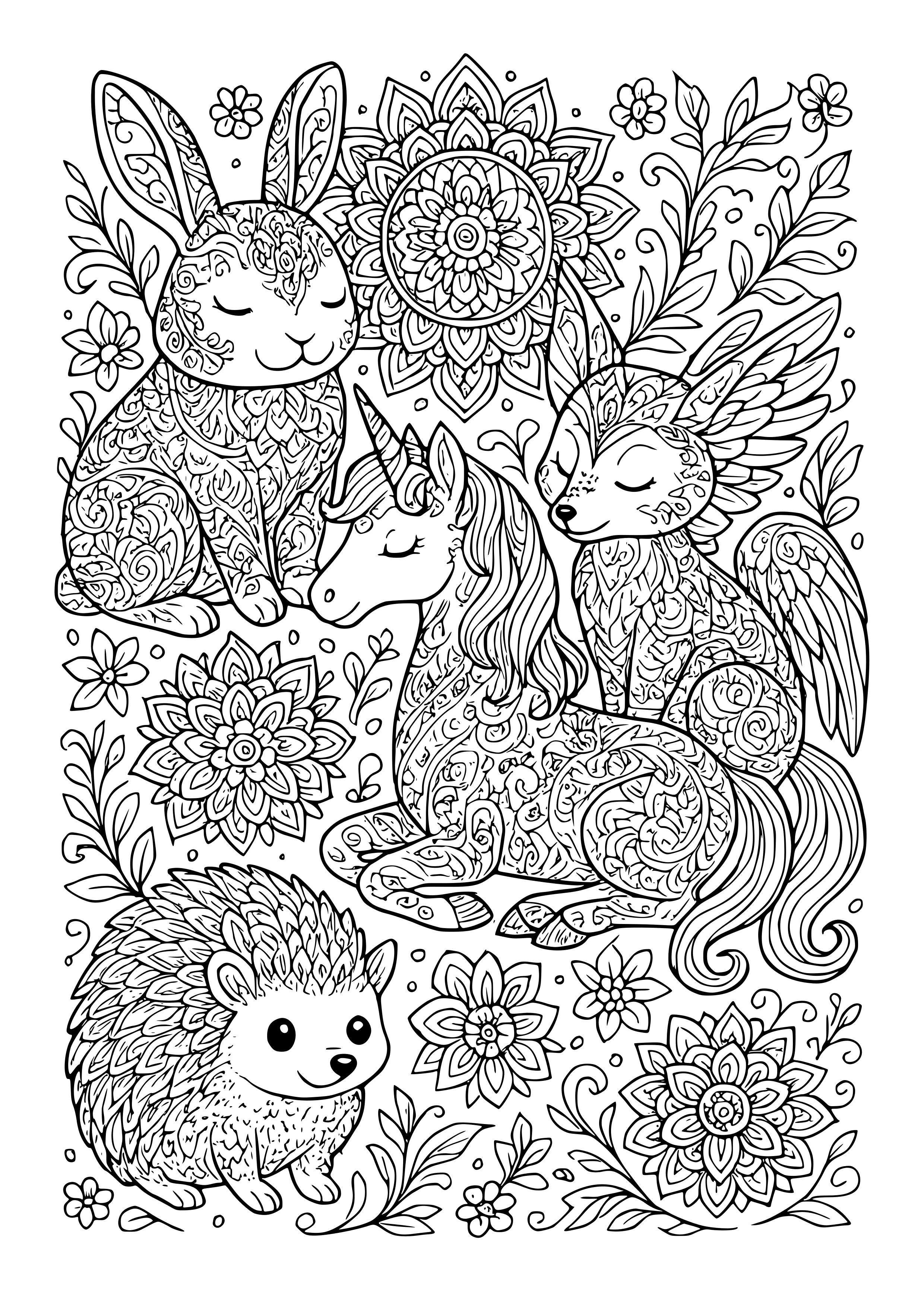 Fantasy Creatures Living in Harmony Coloring Page