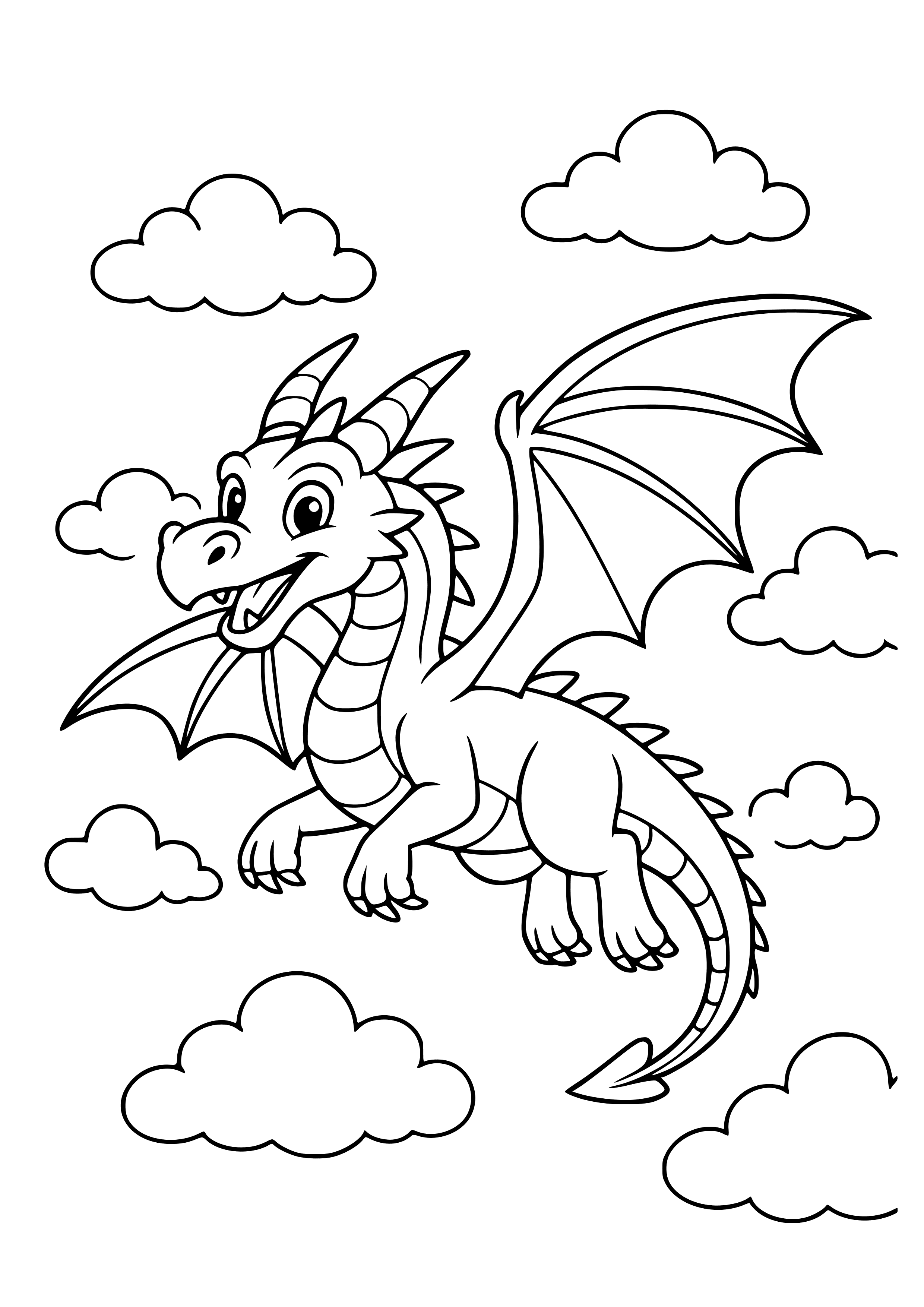 Fantasy Dragon Soaring Through the Clouds Coloring Page