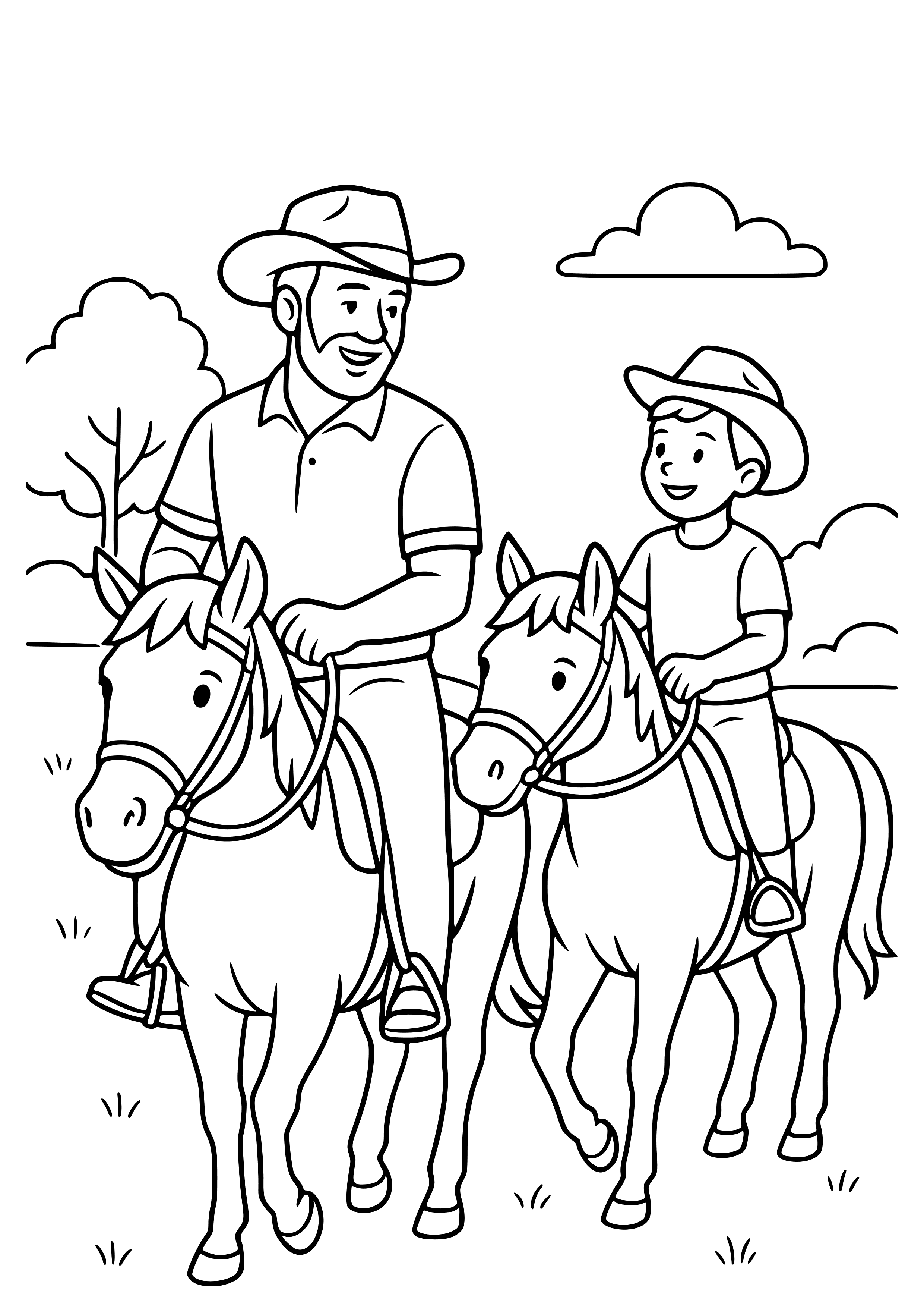 Father and Child Riding Horses Coloring Page