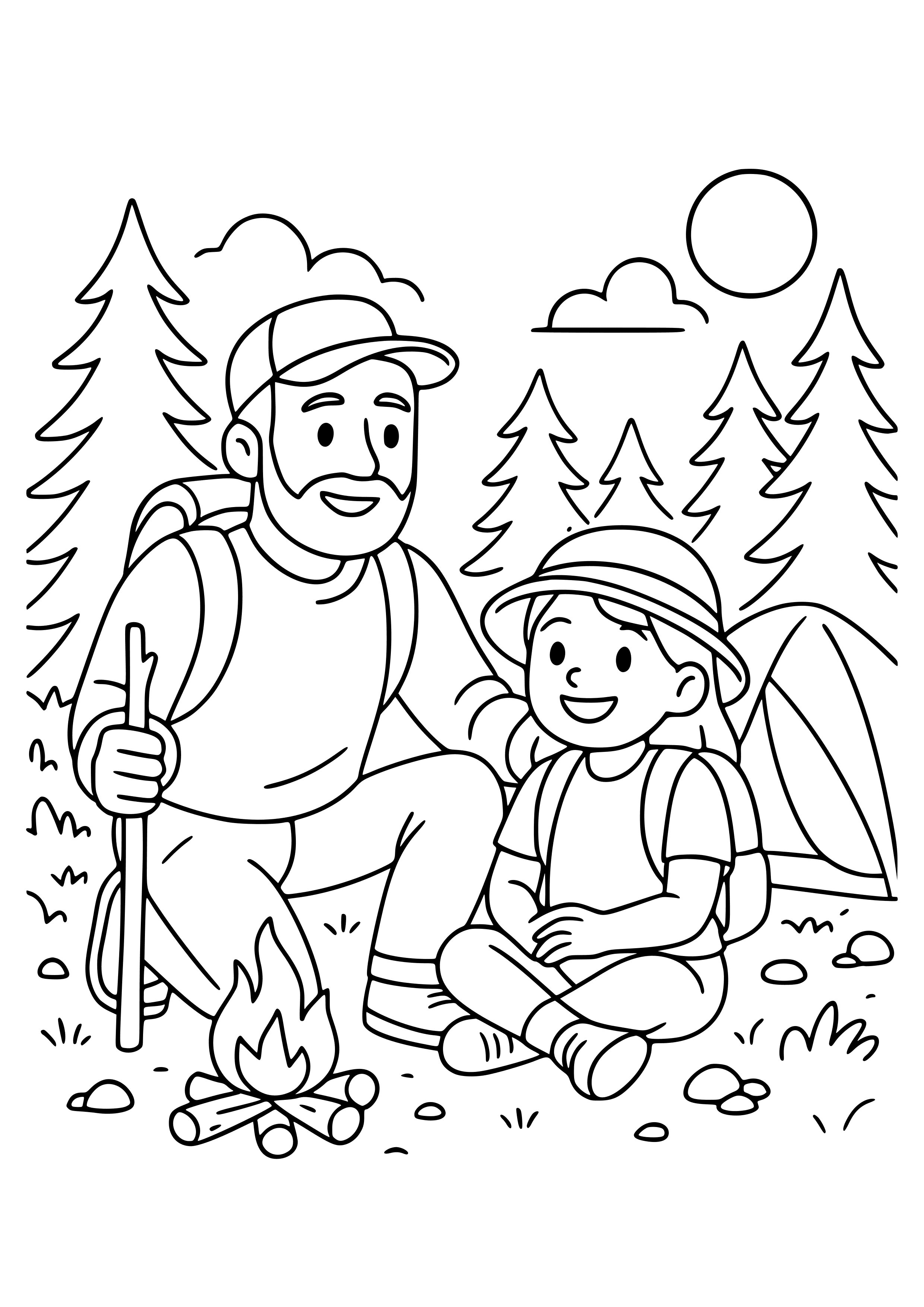 Father and Daughter on a Camping Trip Coloring Page
