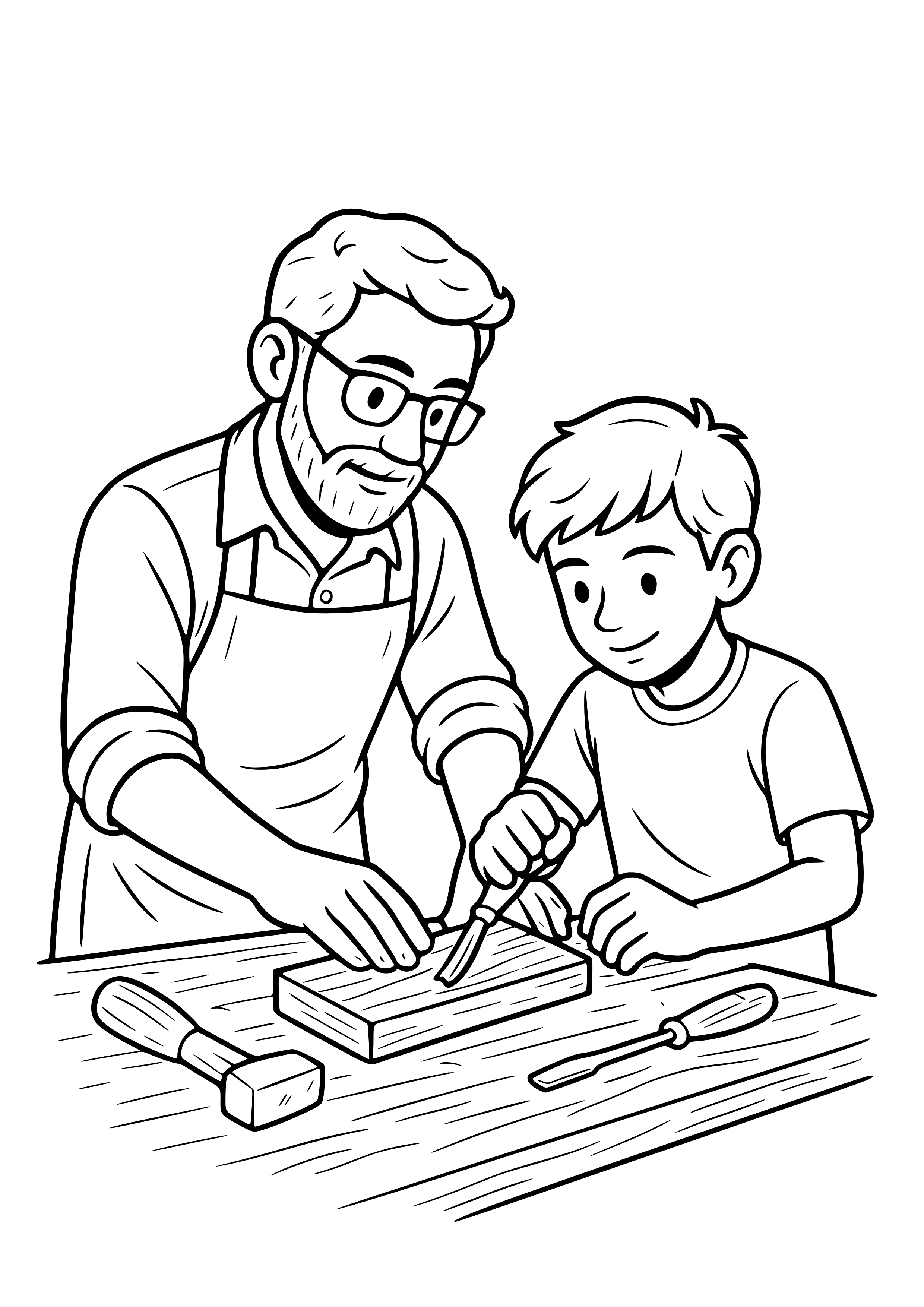 Father Teaching Woodworking Skills Coloring Page